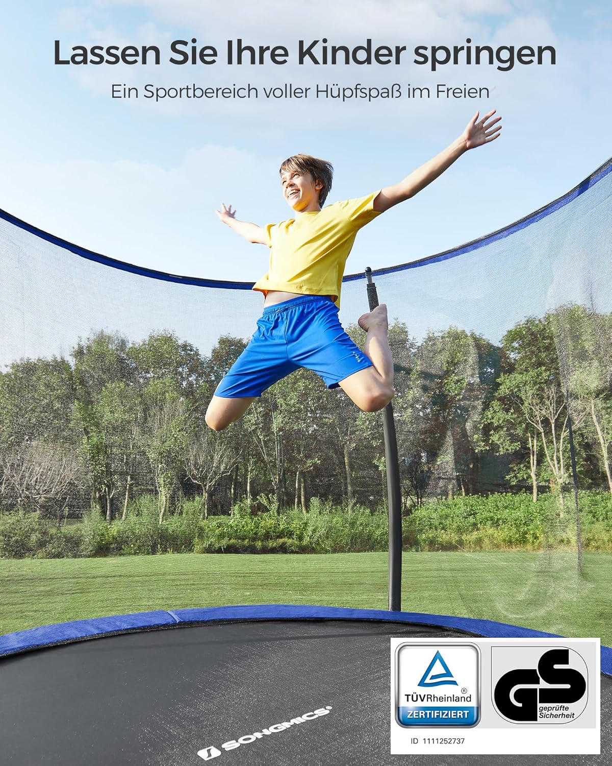 SONGMICS Trampolin Outdoor Ø 305 cm, rundes Gartentrampolin für Kinder mit Sicherheitsnetz, Randabdeckung, Leiter und gepolsterten Stangen