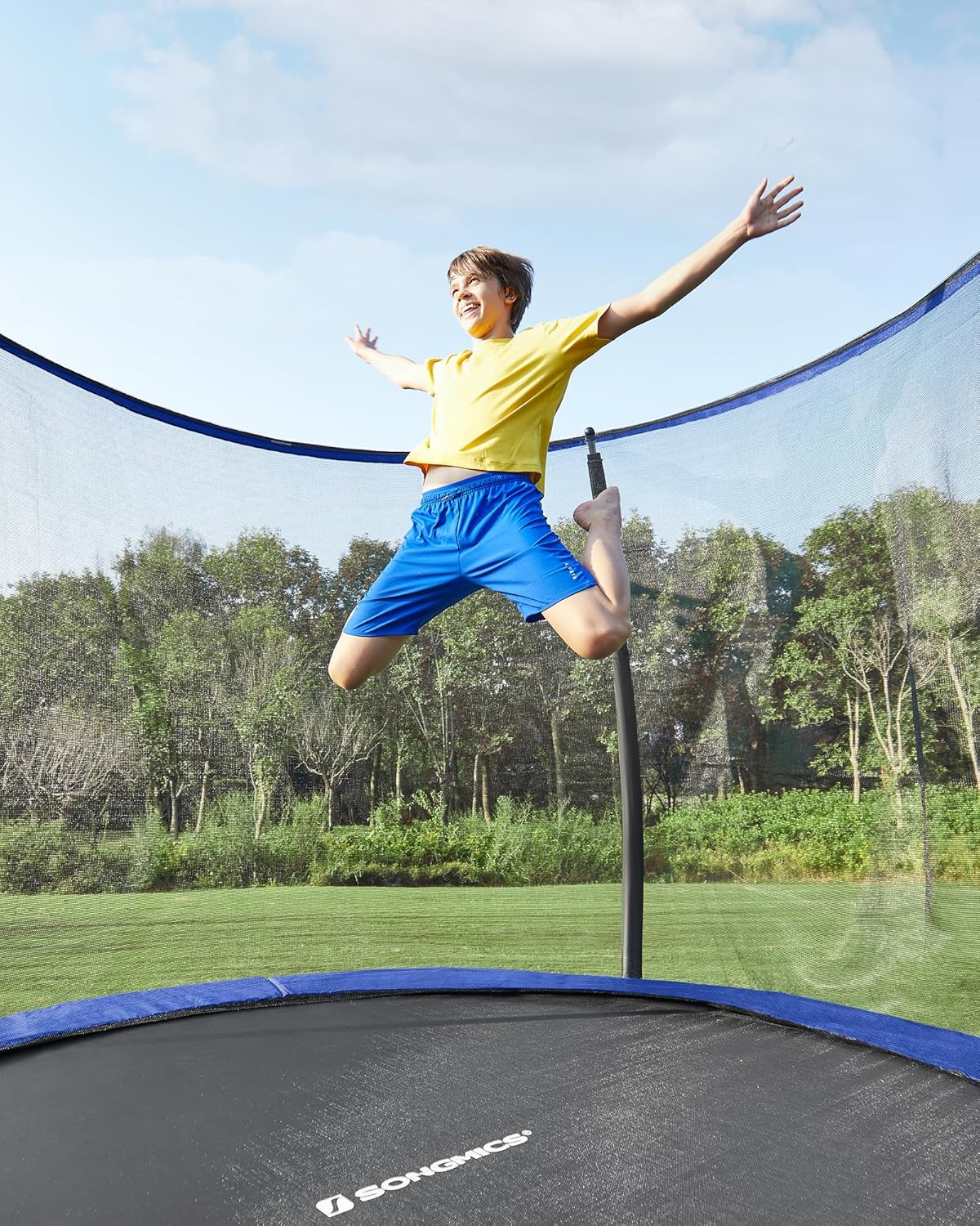 SONGMICS Trampolin Outdoor Ø 366 cm, rundes Gartentrampolin für Kinder mit Sicherheitsnetz, Randabdeckung, Leiter und gepolsterten Stangen