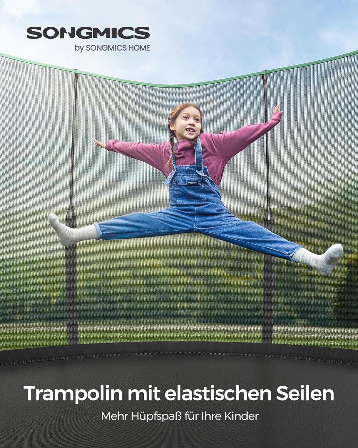 SONGMICS Federloses Trampolin Ø 244 cm, Trampolin Outdoor für Kinder, elastische Seile, Sicherheitsnetz mit Reißverschluss, Glasfaserstangen, sicher, geräuscharm