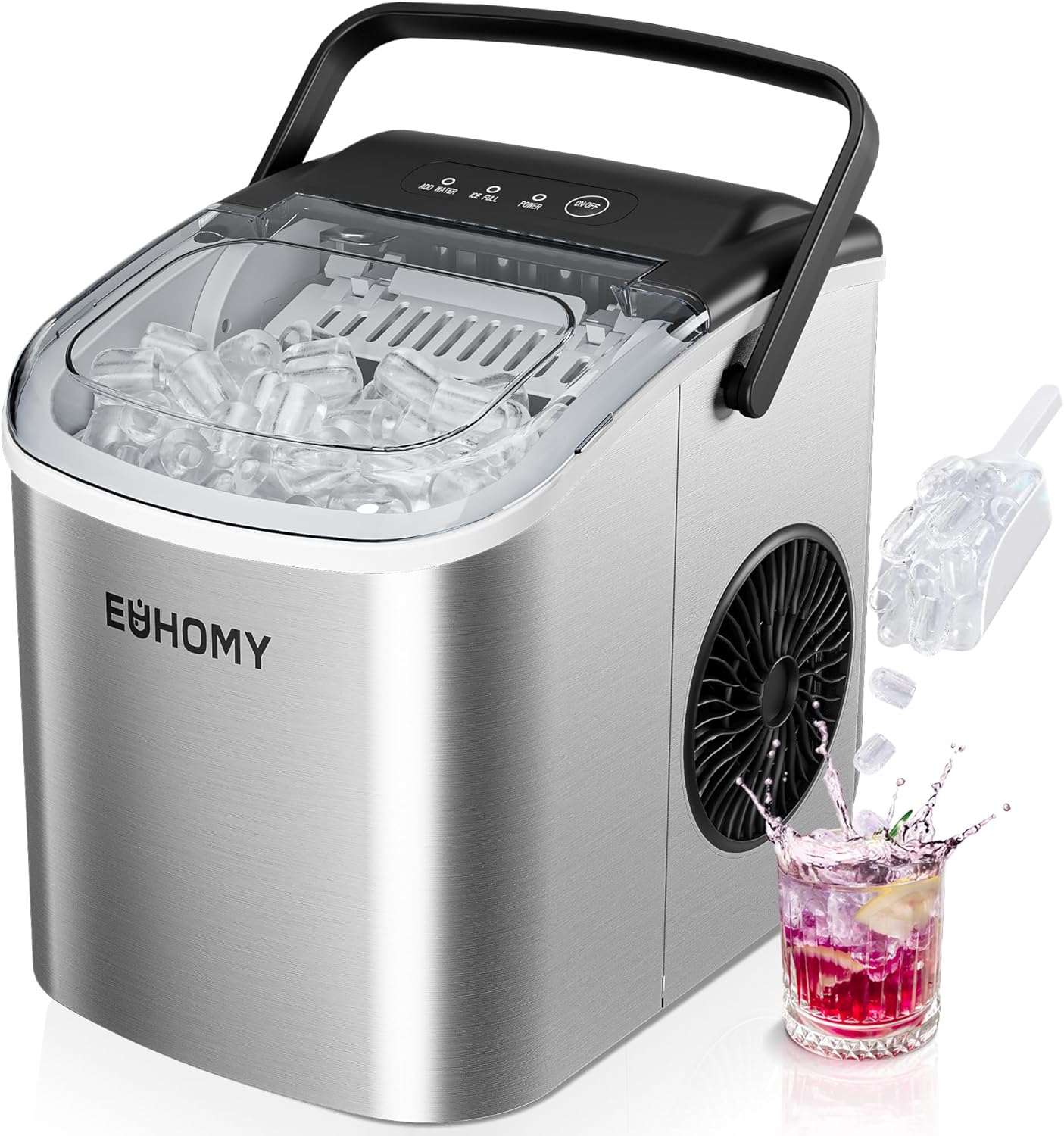 EUHOMY Countertop Ice Maker Machine with Handle, 26lbs Per Day, 9 Ice Cubes Ready in 6 Mins, Auto-Cleaning Portable Ice Maker with Basket and Scoop, for...