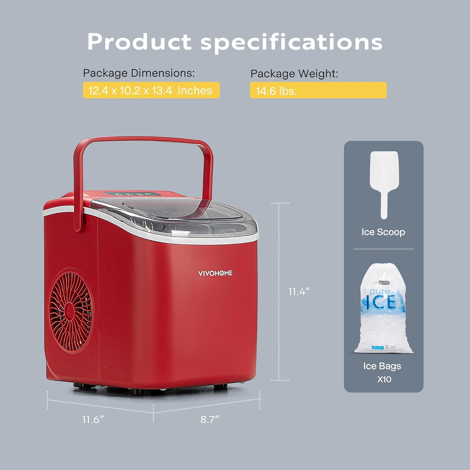 VIVOHOME Countertop Ice Maker with Handle 26lbs/Day 9 Ice Cubes in 6 Mins Portable Ice Maker Machine 10 Ice Bags and Self Cleaning Ice Cube Maker Red