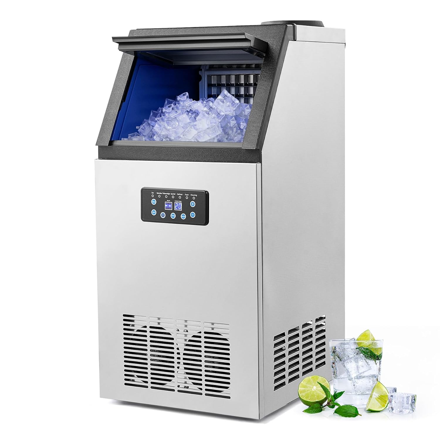 CREWORKS Professional Ice Machine 59 kg/24 h Ice Maker with LCD Screen Ice Machine Self-cleaning Commercial Stainless Steel for Home Office Restaurant Bar