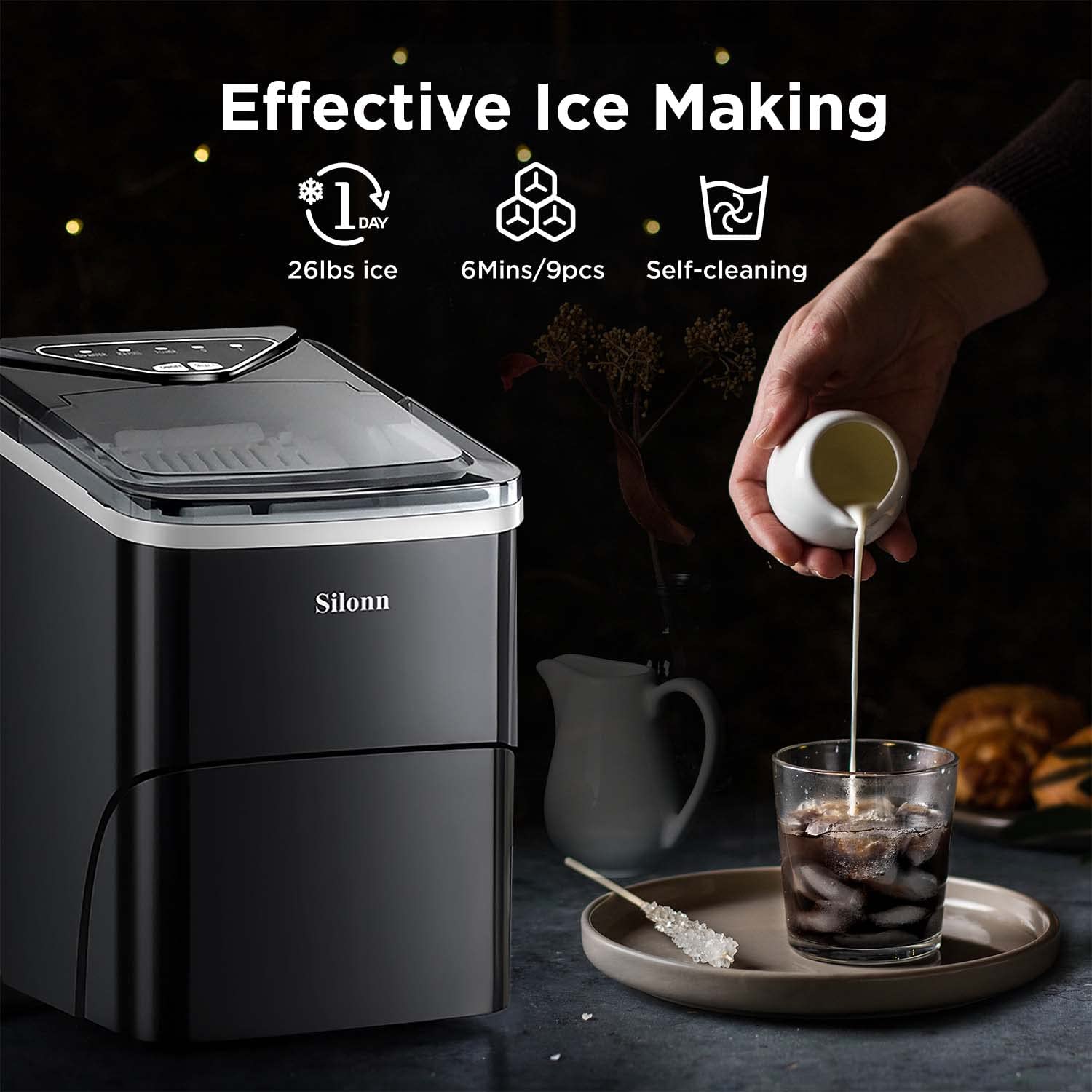 Silonn Ice Maker Countertop, 9 Cubes Ready in 6 Mins, 26lbs in 24Hrs, Self-Cleaning Ice Machine with Ice Scoop and Basket, 2 Sizes of Bullet Ice for Home...