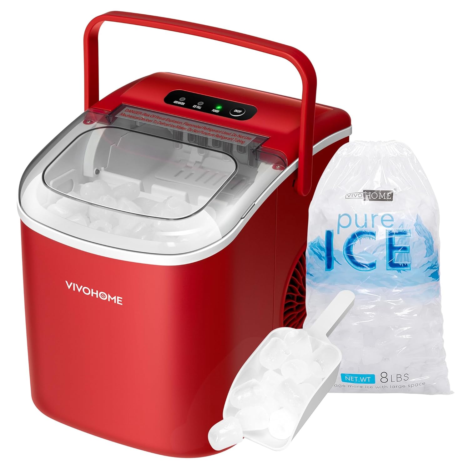 VIVOHOME Countertop Ice Maker with Handle 26lbs/Day 9 Ice Cubes in 6 Mins Portable Ice Maker Machine 10 Ice Bags and Self Cleaning Ice Cube Maker Red
