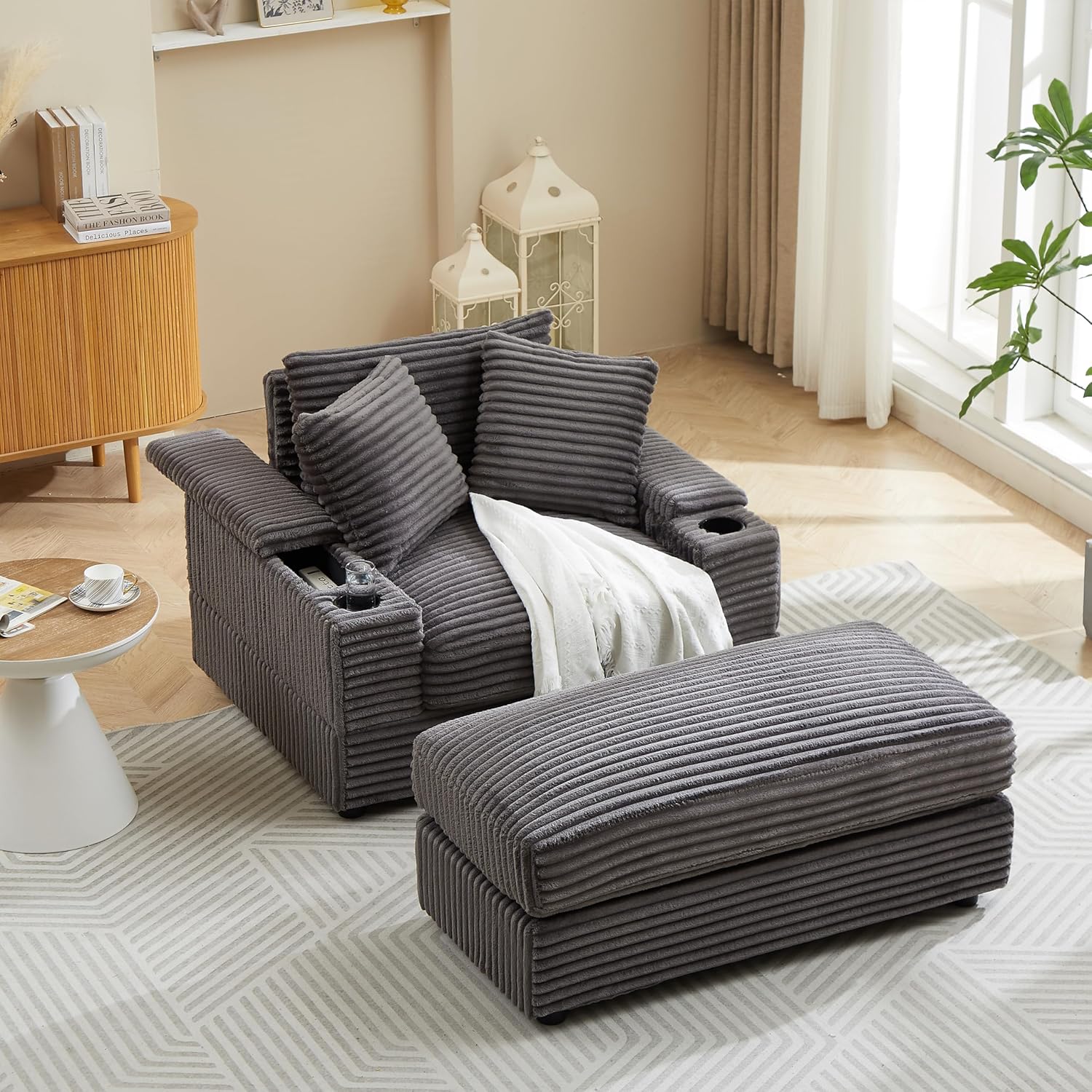 Eafurn Corduroy Upholstered Chaise Lounge Sofa with Movable Ottoman and Cupholders,43.3