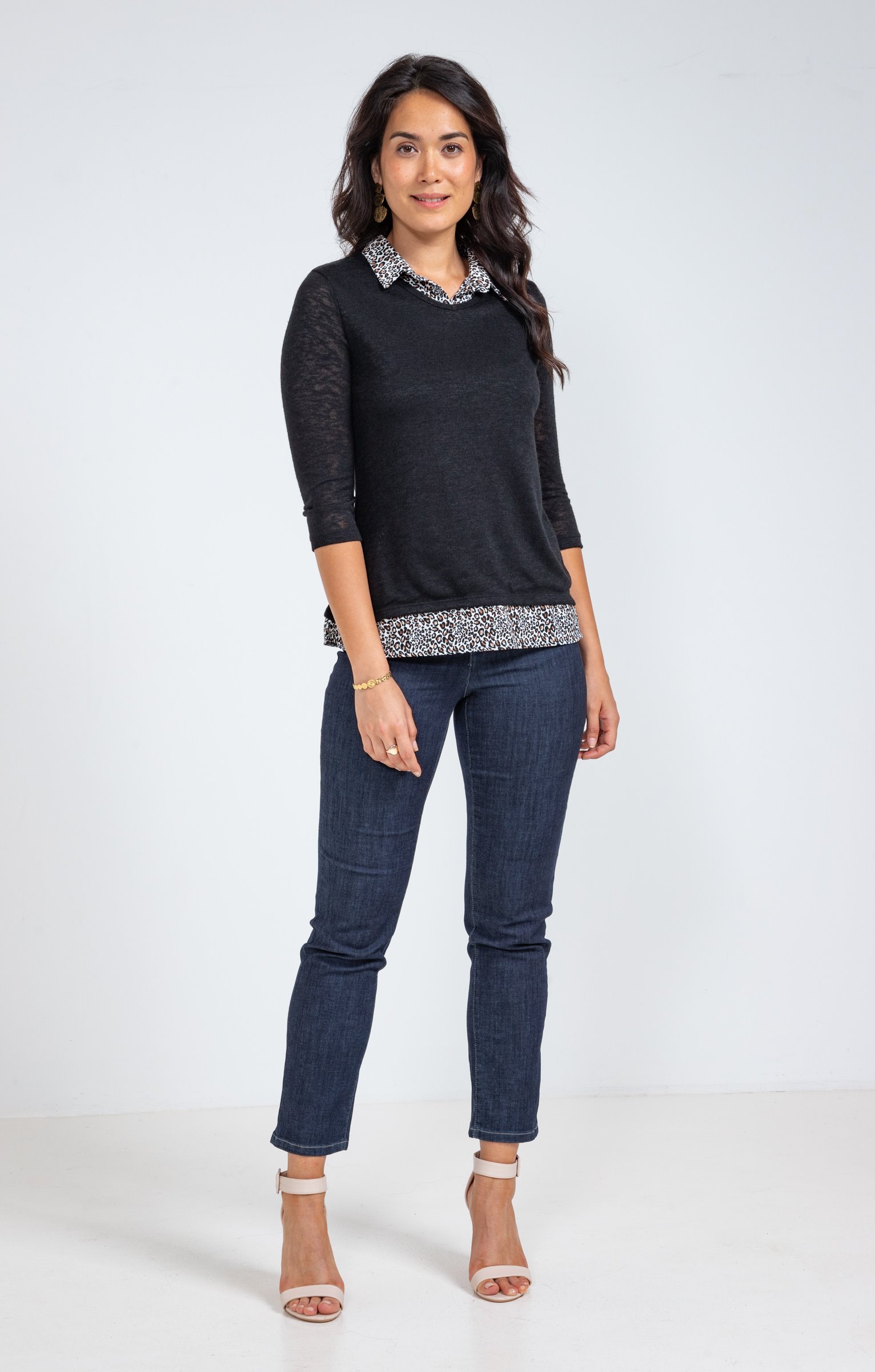 Tee-shirt 2-en-1 col chemise - NOIR