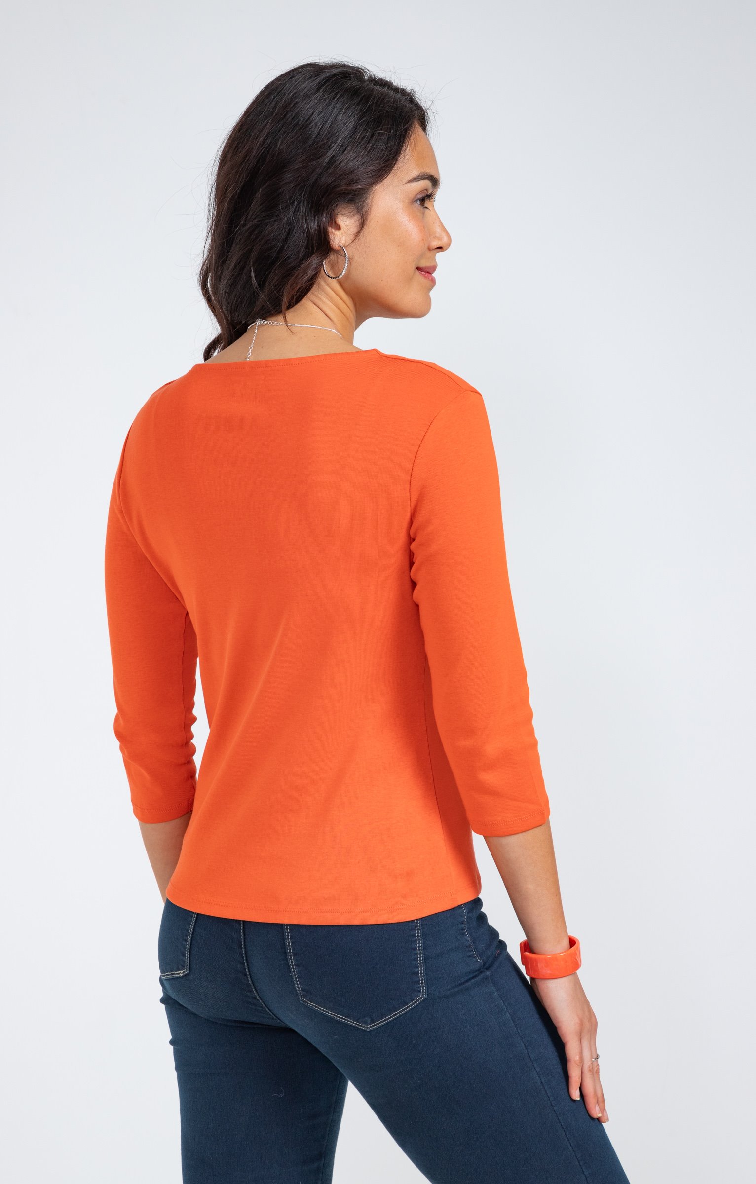 Tee-shirt uni col V festons - MANDARINE