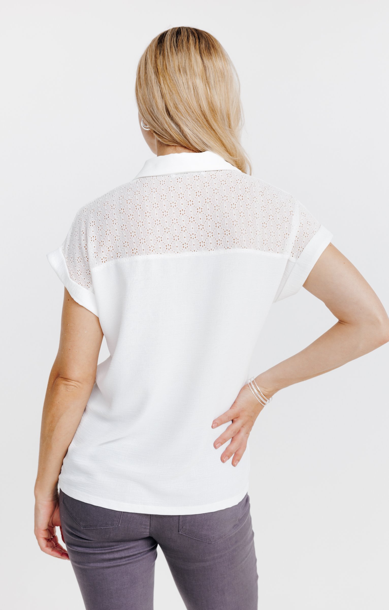 T-SHIRT COL CHEMISE MIX MATIERE  - ÉCRU