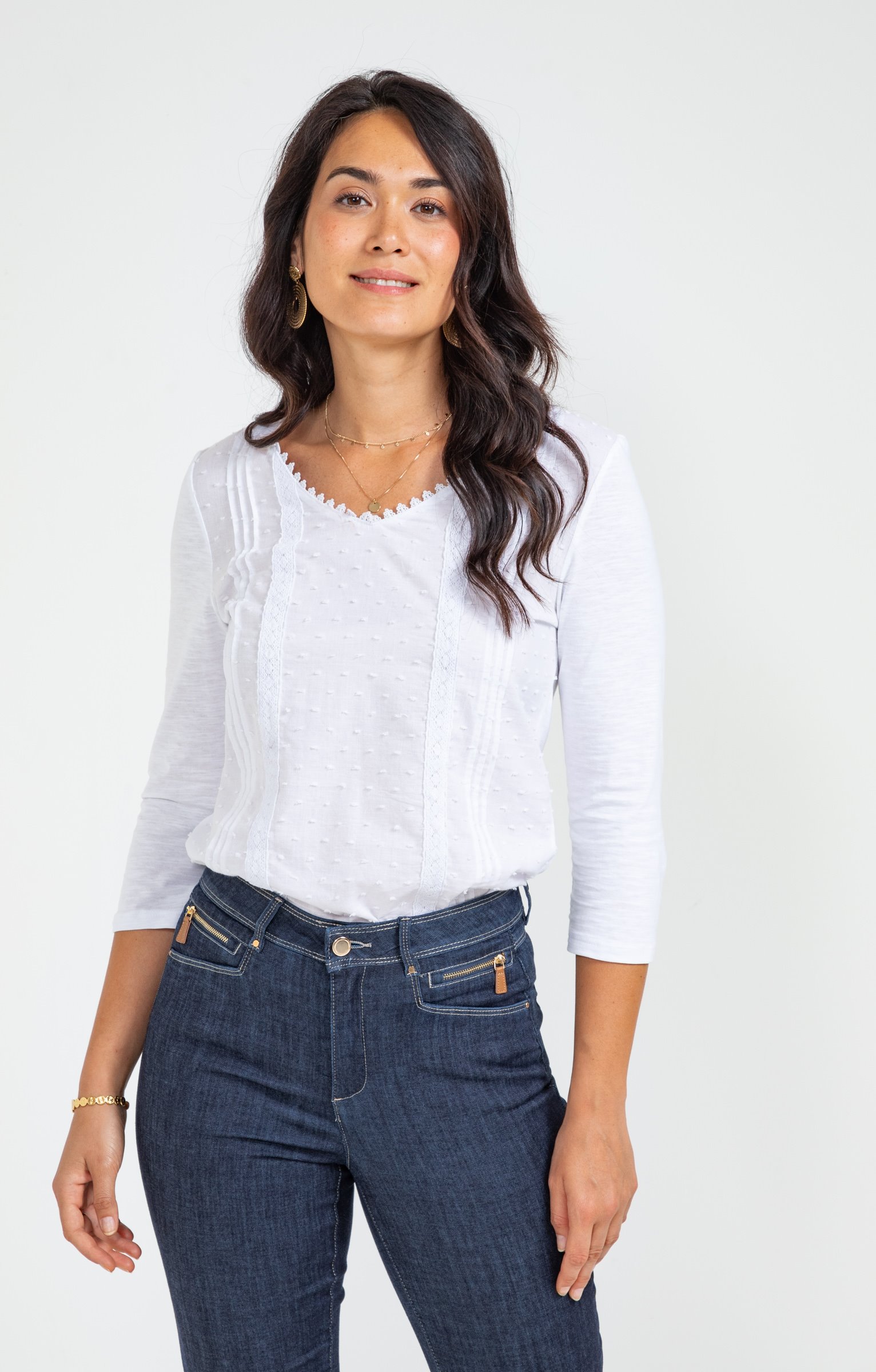 Tee-shirt uni col V - ÉCRU