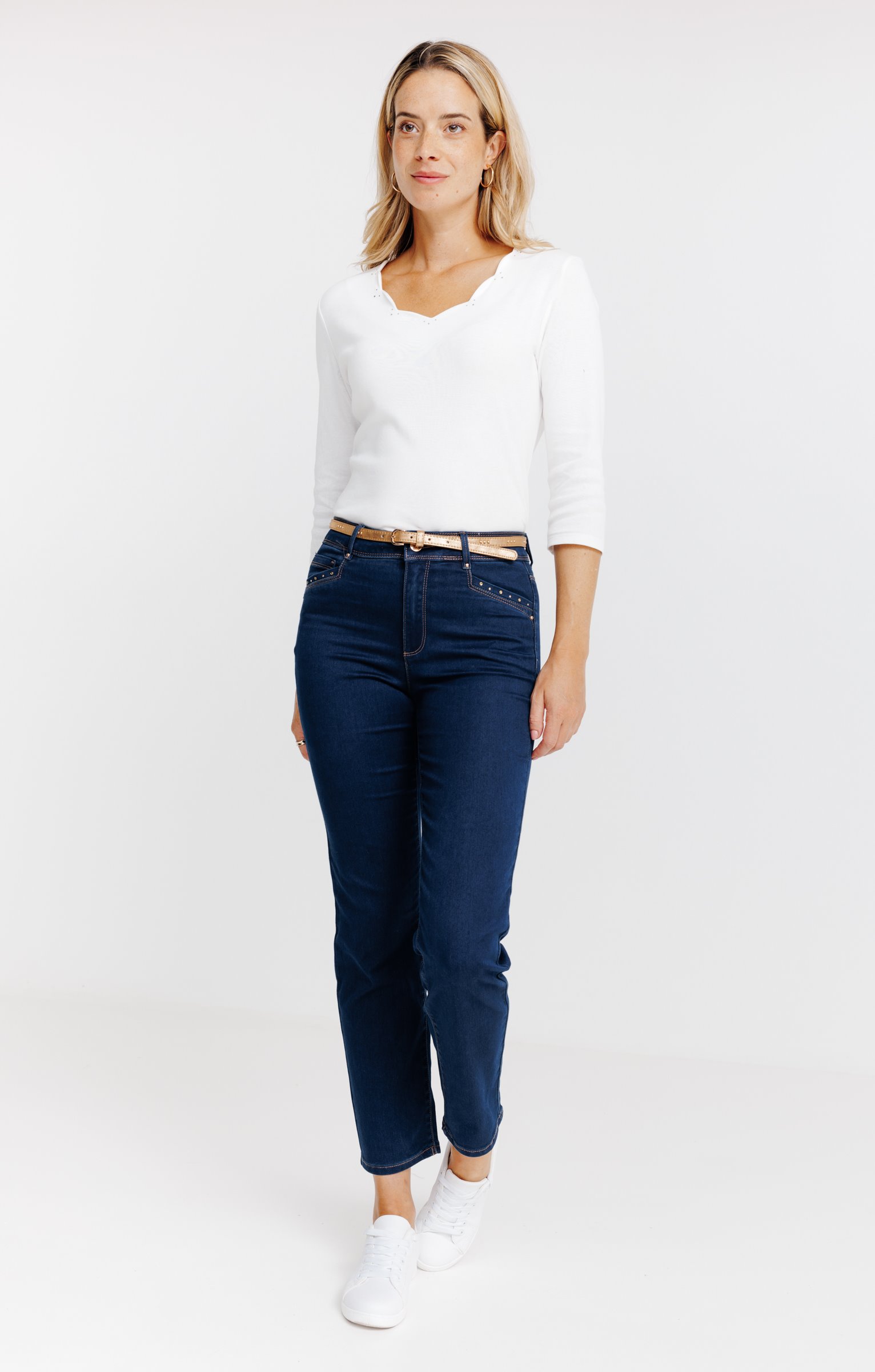 Pantalon 7/8 satin denim brut ceinture - BLEU