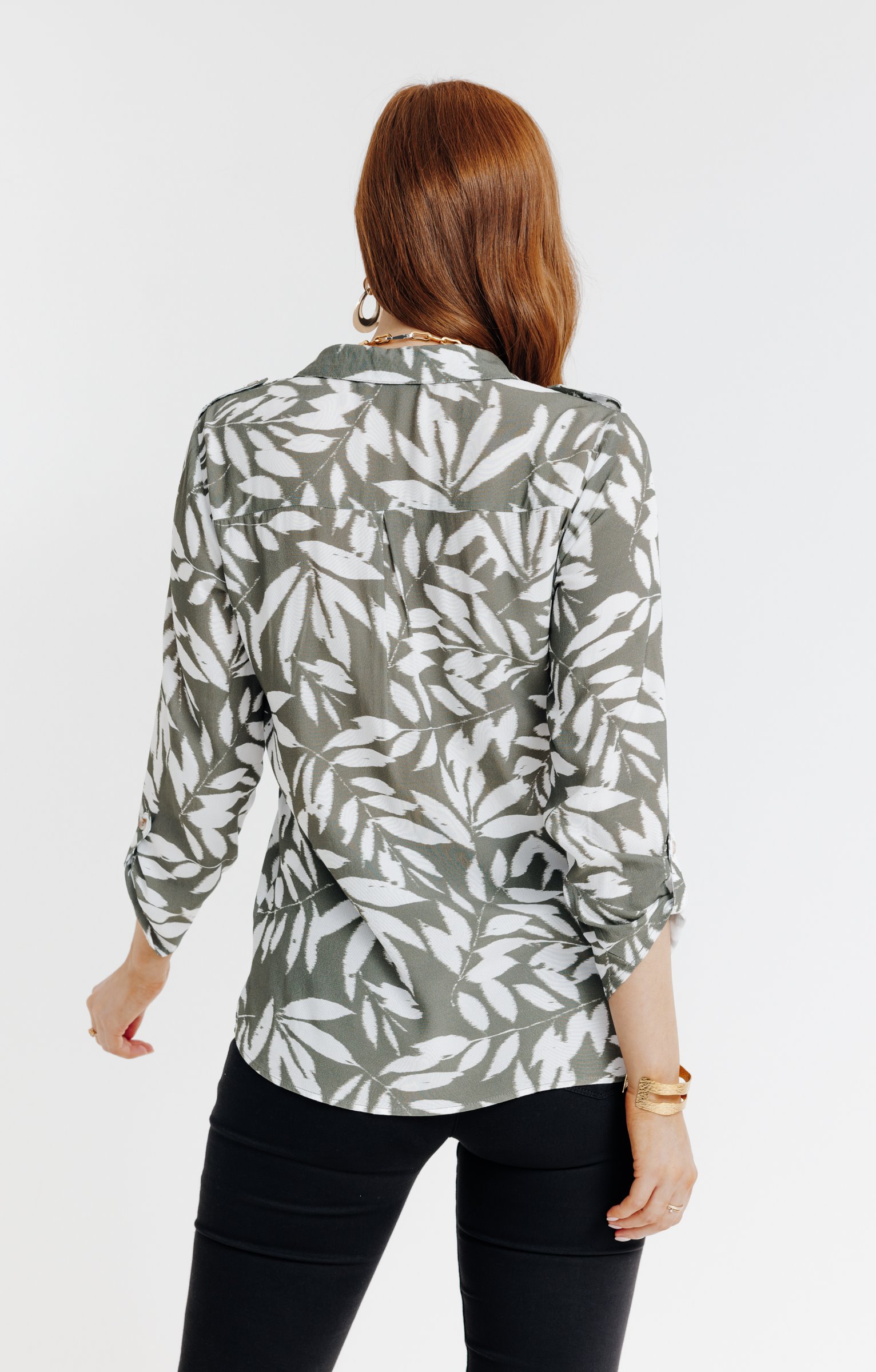 Tunique  col chemise imprimée feuillage  - KAKI CLAIR