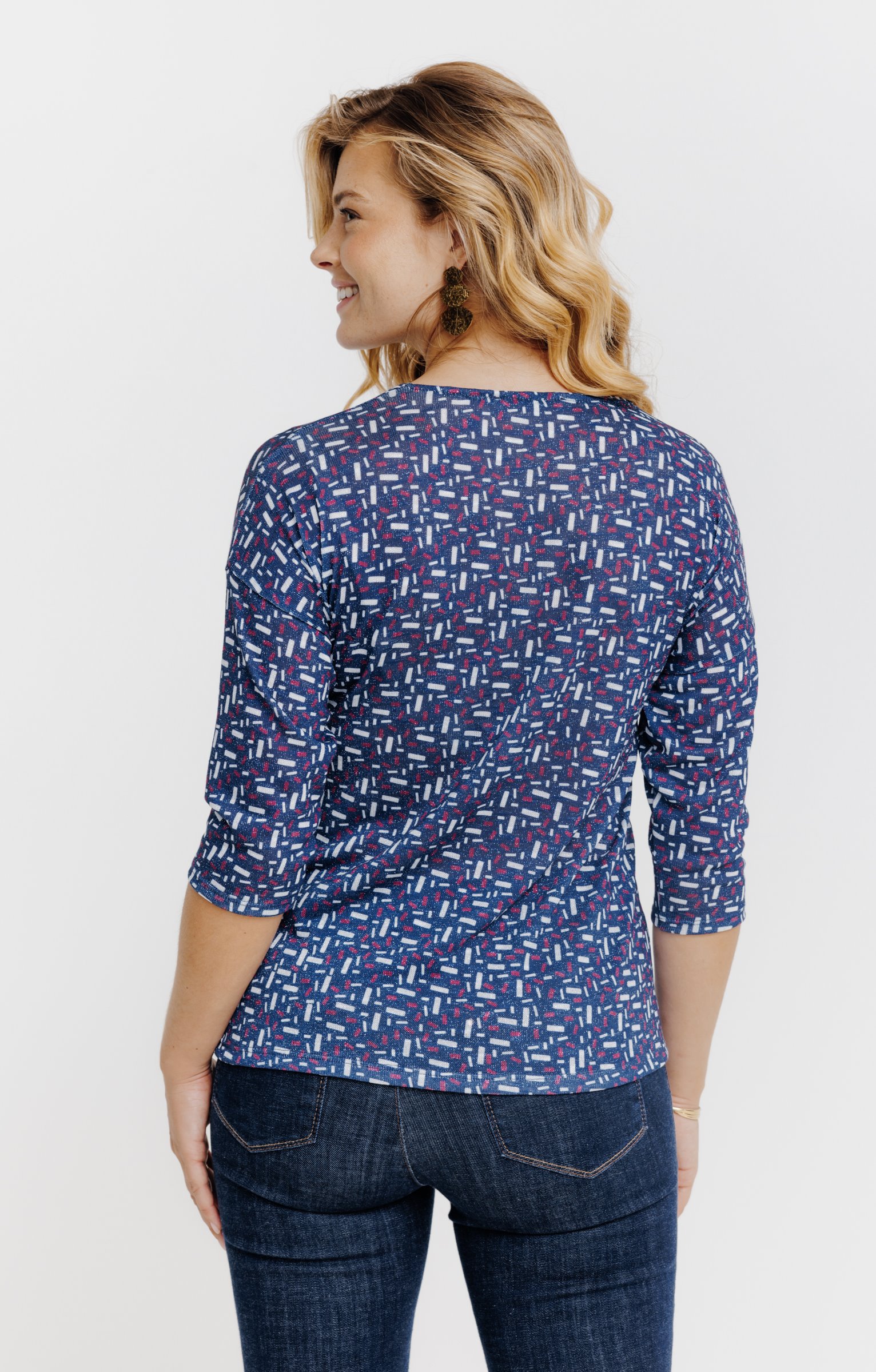 T-SHIRT MAILLE BRILLANTE IMPRIME GEO - BLEU