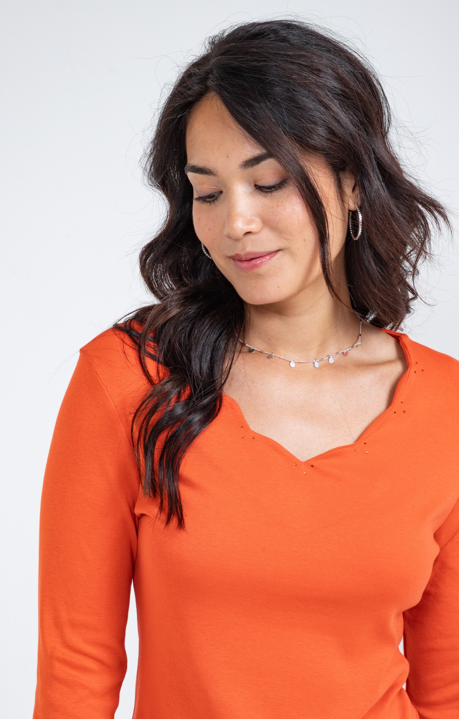 Tee-shirt uni col V festons - MANDARINE