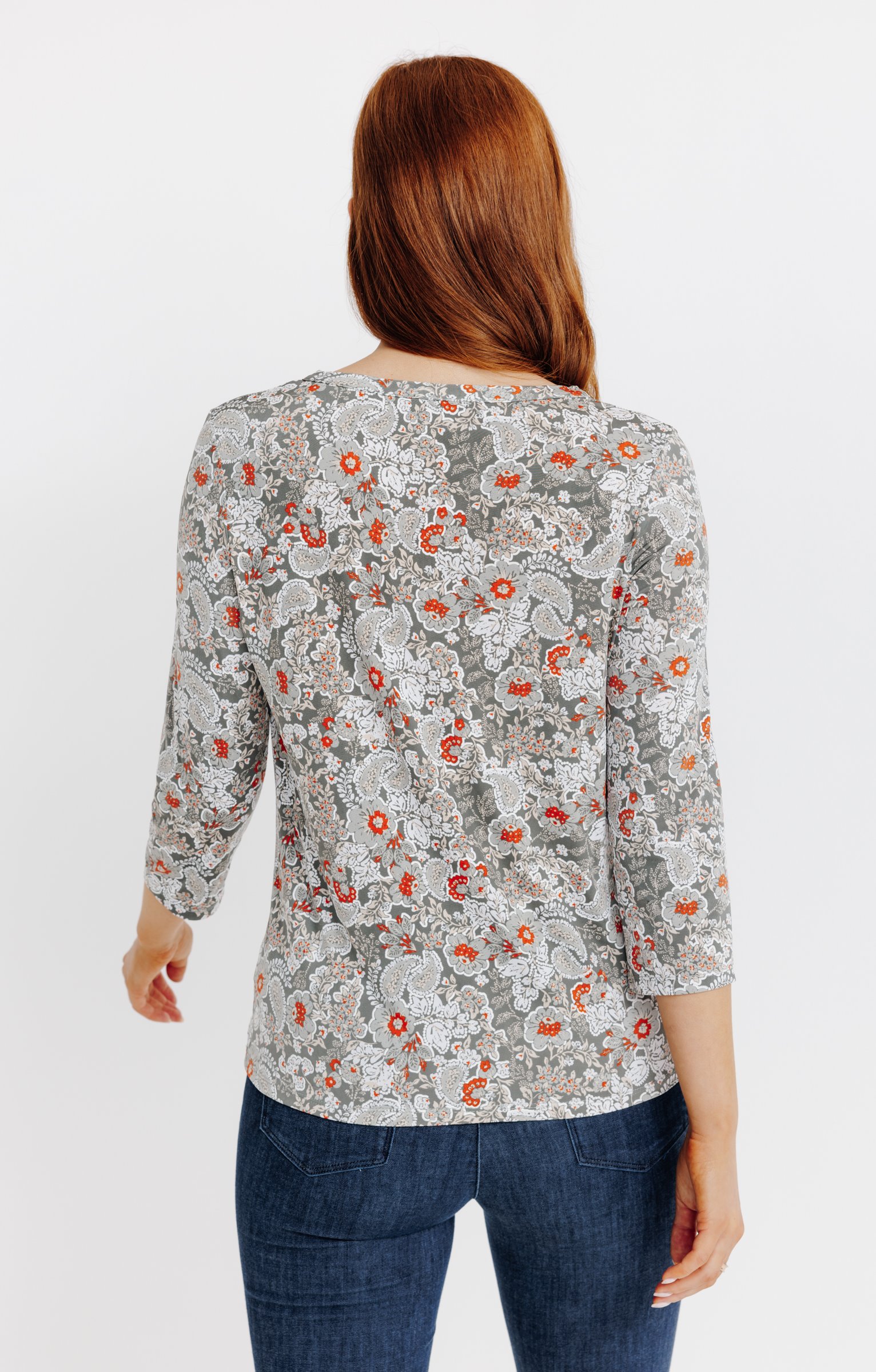 T-SHIRT COL MAO IMPRIME FLEURI  - KAKI CLAIR