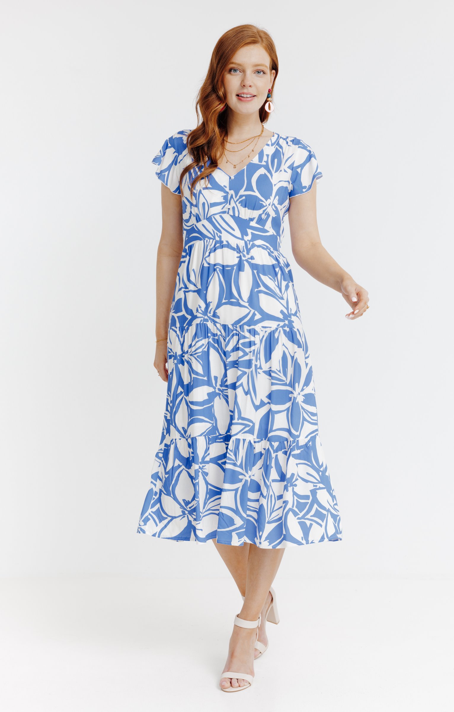 ROBE LONGUE IMPRIMEE DOUBLEE COTON  - BLEU DUR