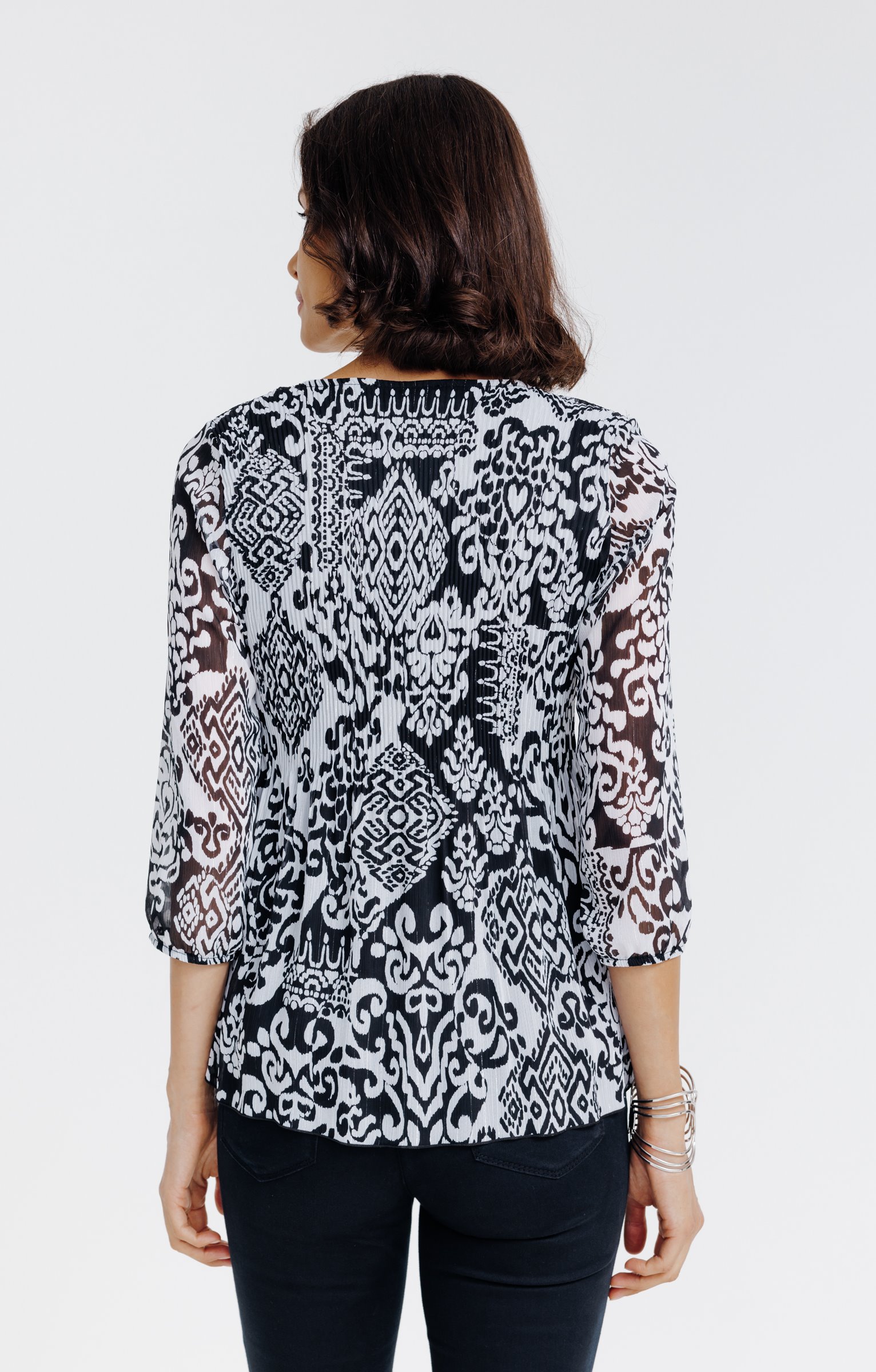 Tunique plissée imprimé ikat  - NOIR