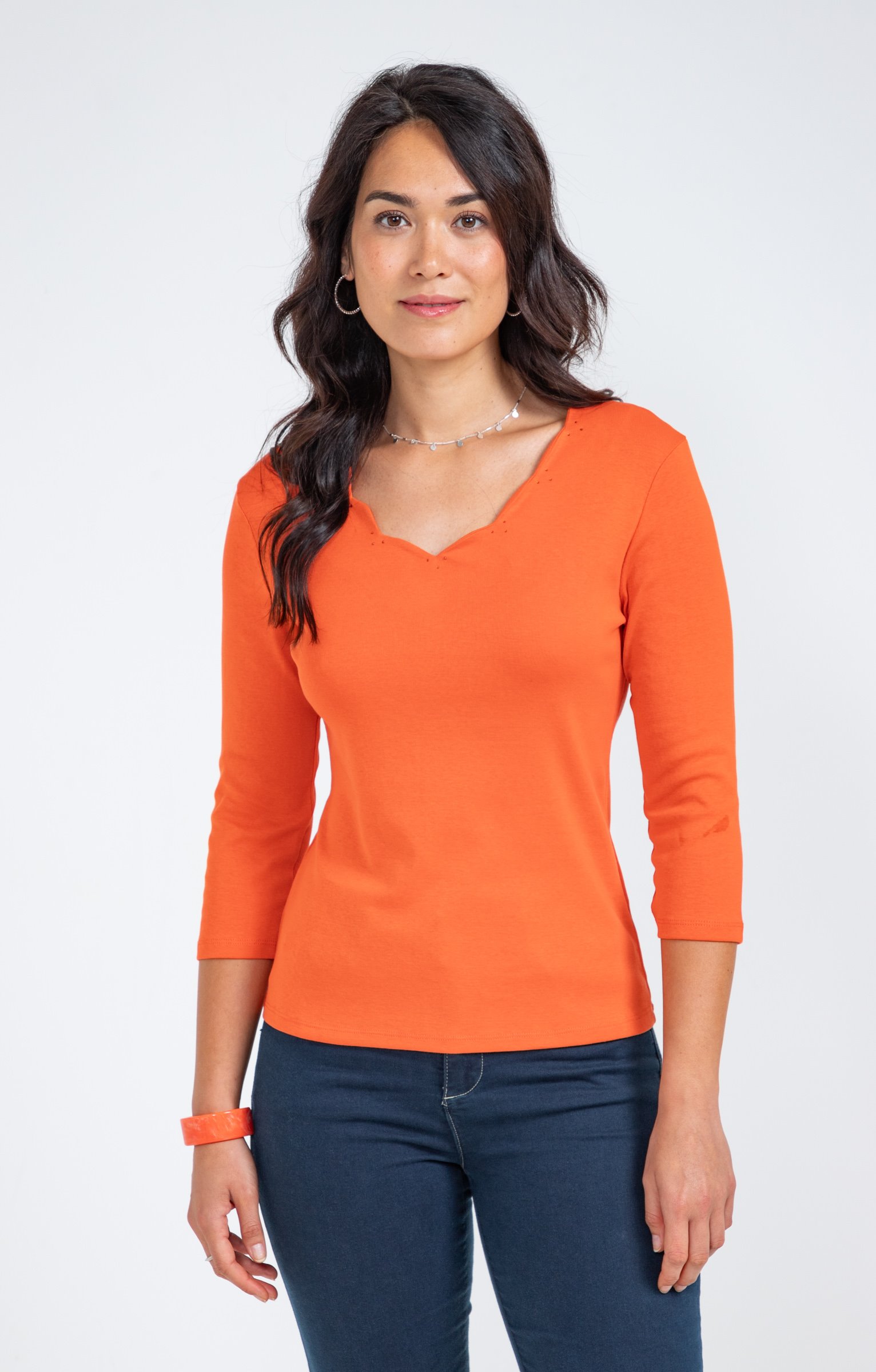 Tee-shirt uni col V festons - MANDARINE