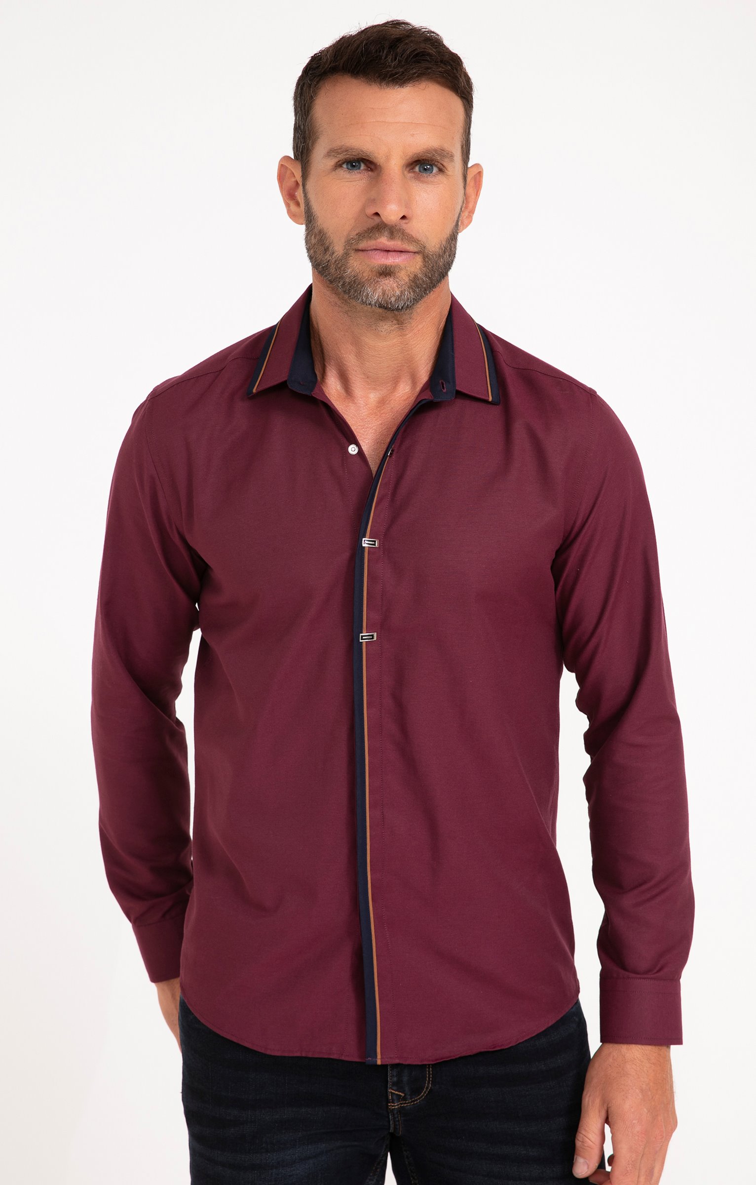 Chemise manches longues en satin grenat - BORDEAUX