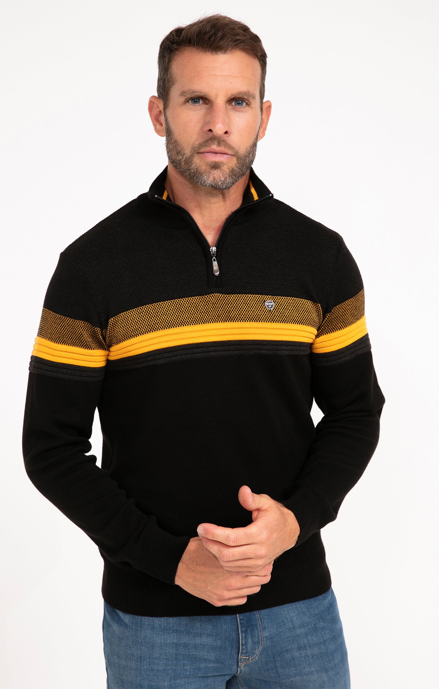 Pull col montant rayé - NOIR