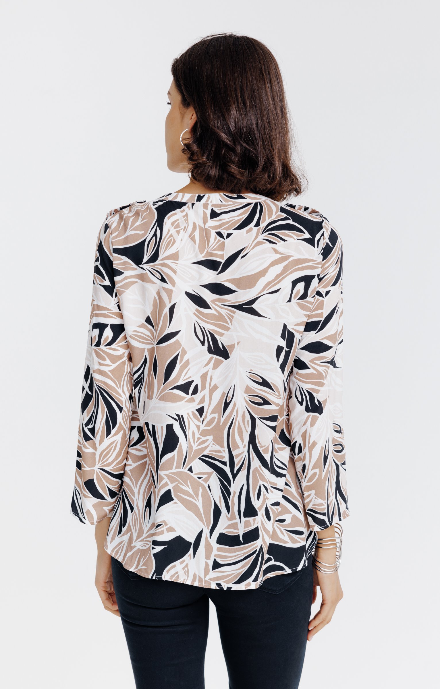 Chemise col mao imprimée feuillage  - GRÈGE