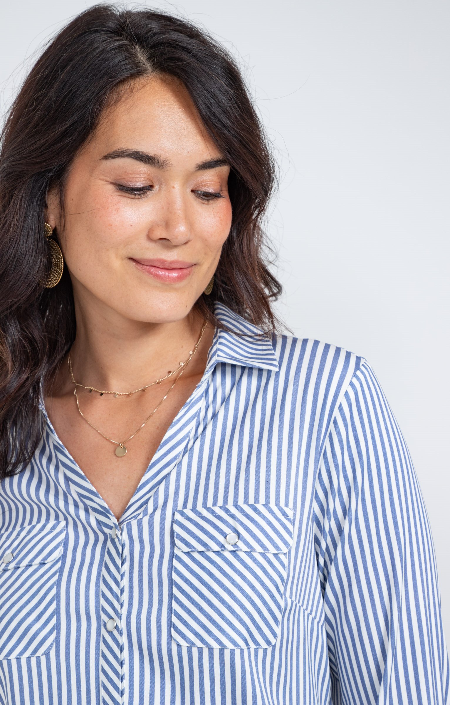 Chemise rayée avec boutons nacrés - BLEU CIEL