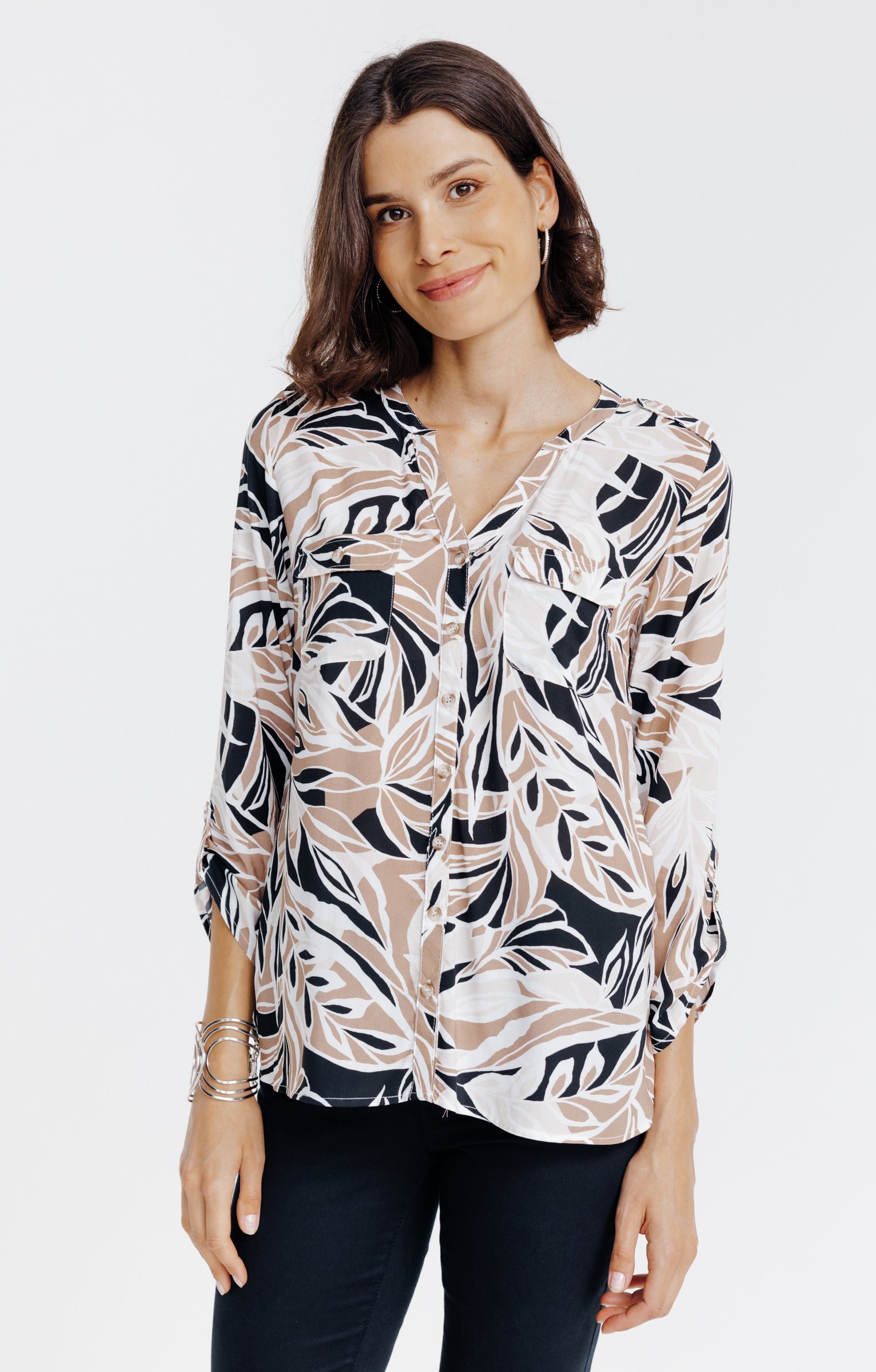 Chemise col mao imprimée feuillage  - GRÈGE