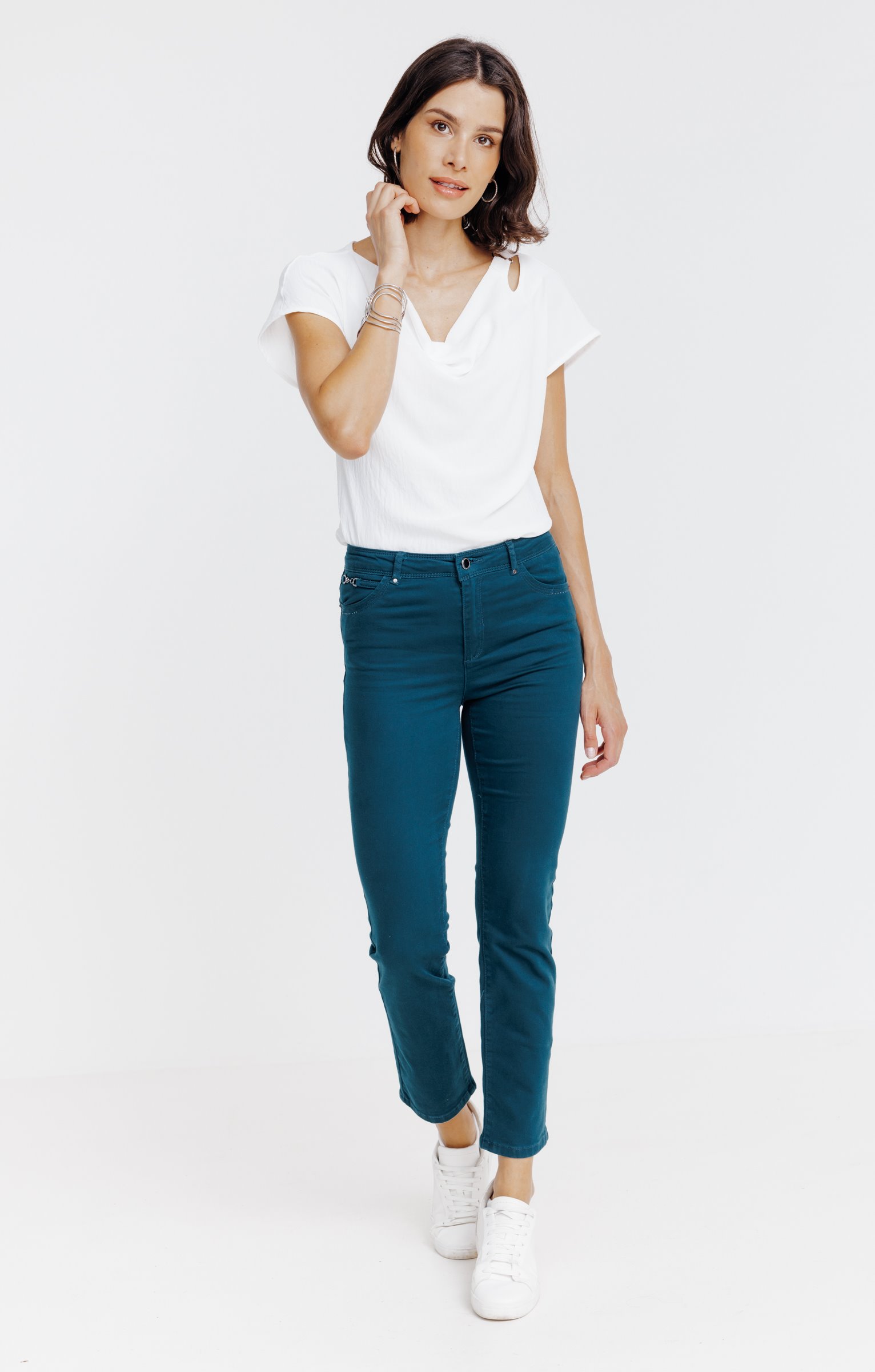 Pantalon 7/8 coton stretch détail bijou - PÉTROLE