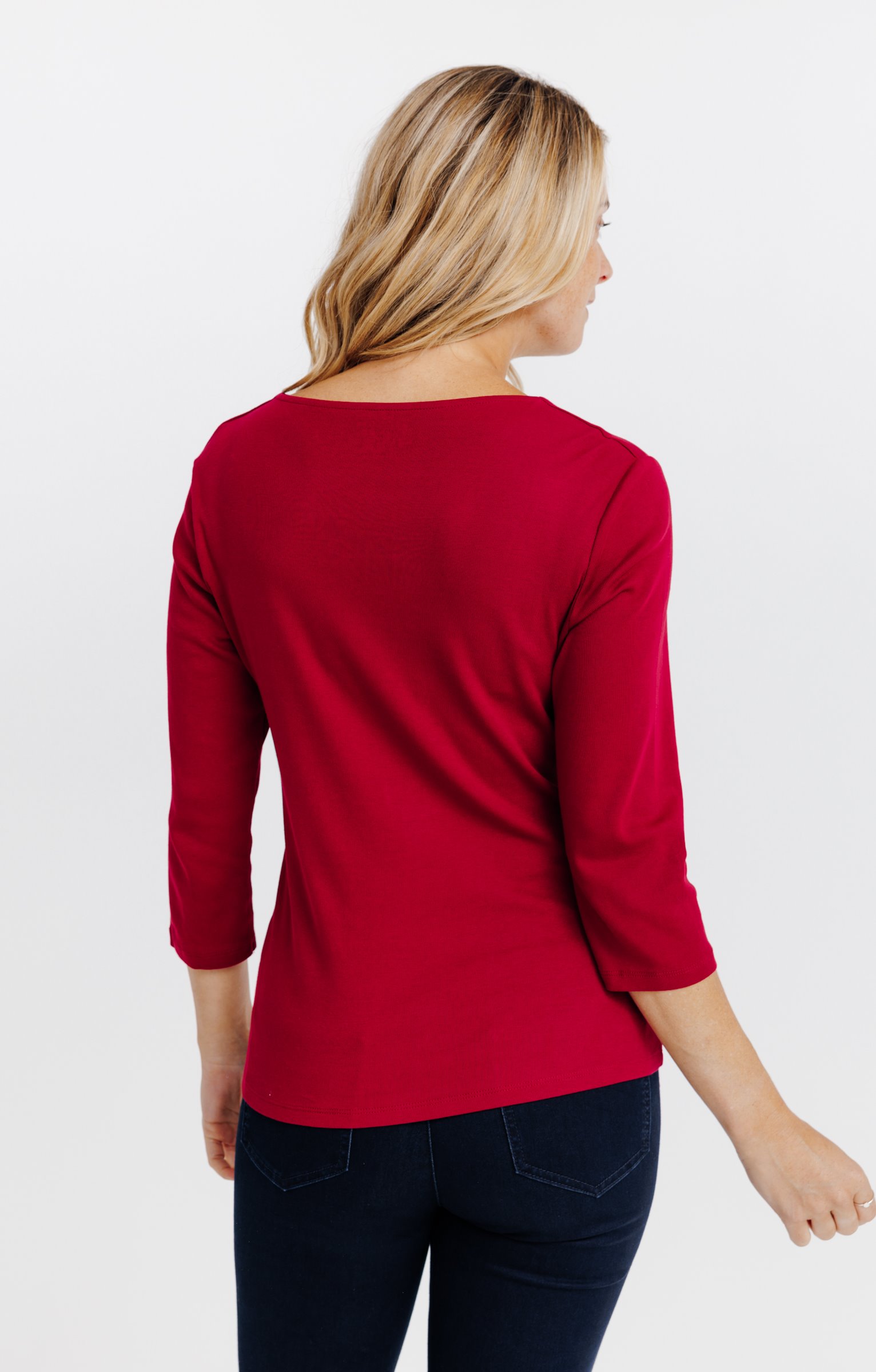 Tee-shirt uni col V festons - BORDEAUX