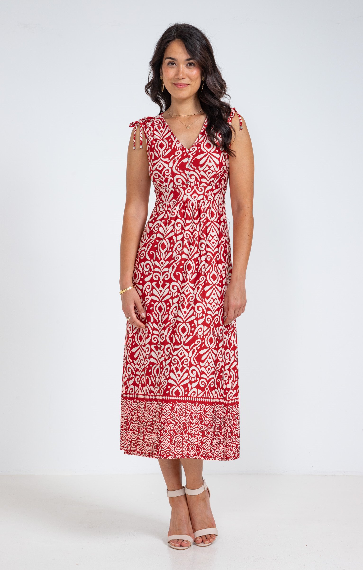 Robe en maille longue nouettes épaules  - BRIQUE