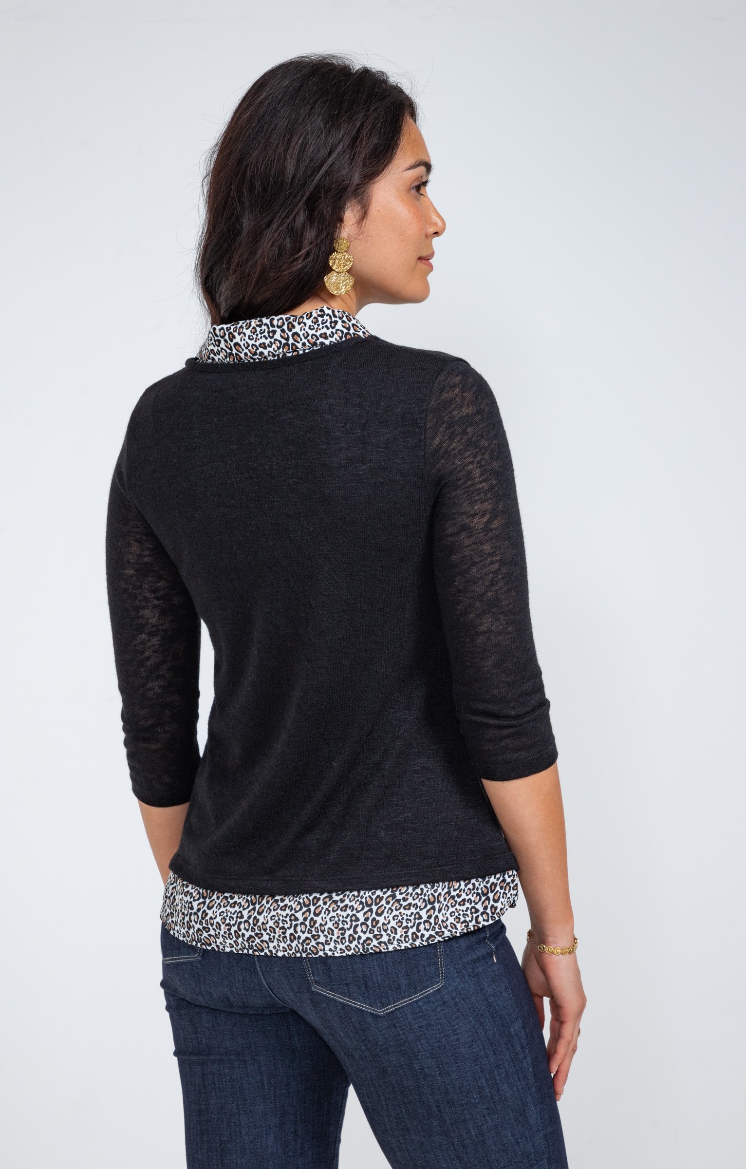 Tee-shirt 2-en-1 col chemise - NOIR