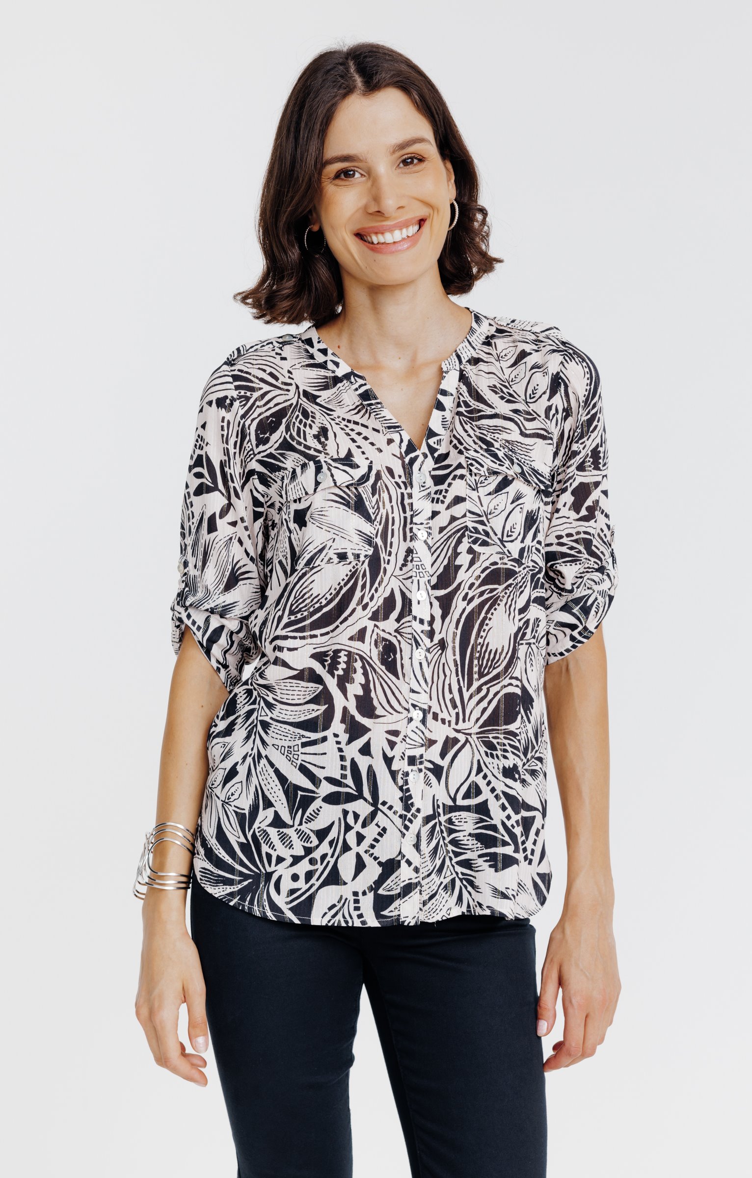 Chemise col mao  imprimée feuillage  - NOIR