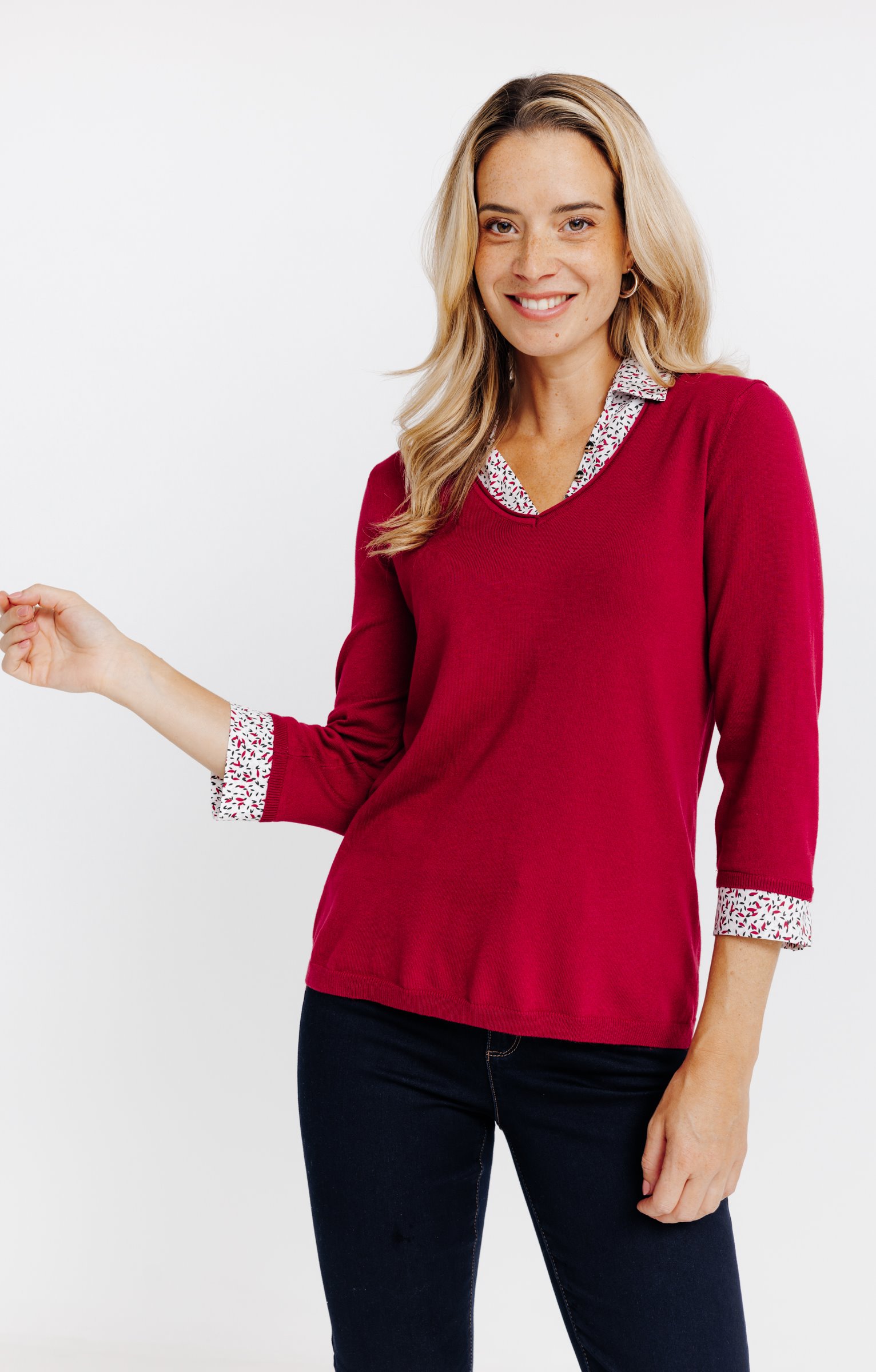 Pull 2-en-1 col chemise - BORDEAUX