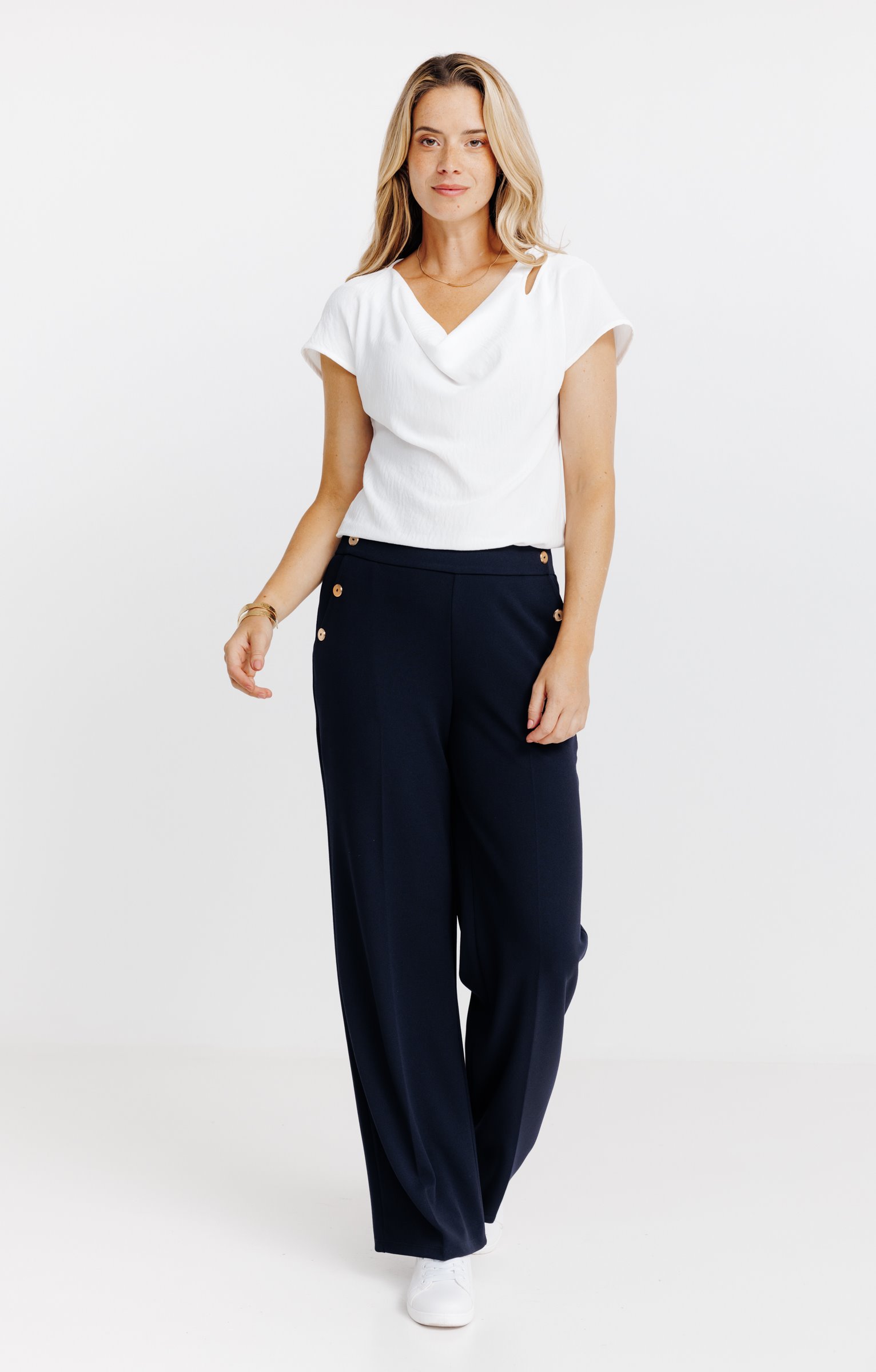 pantalon maille large détail bouton doré - MARINE