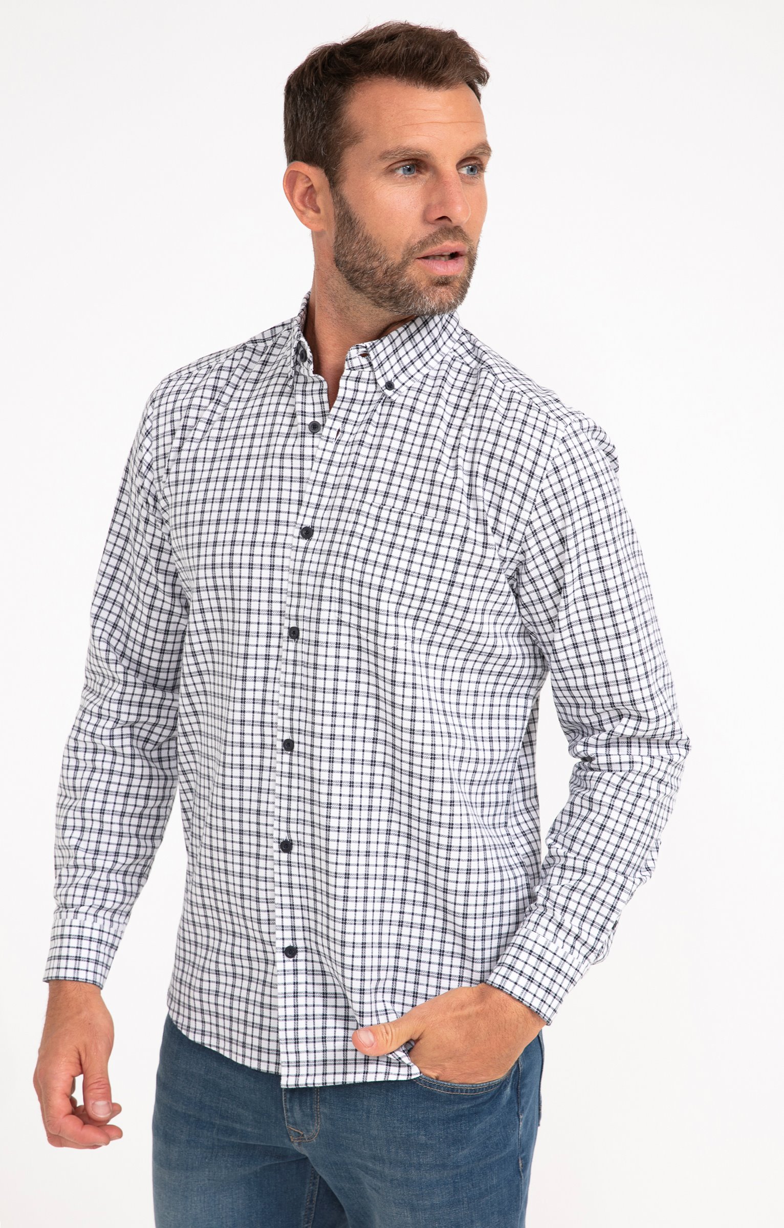 Chemise manches longues à carreaux DOBBY - BLANC