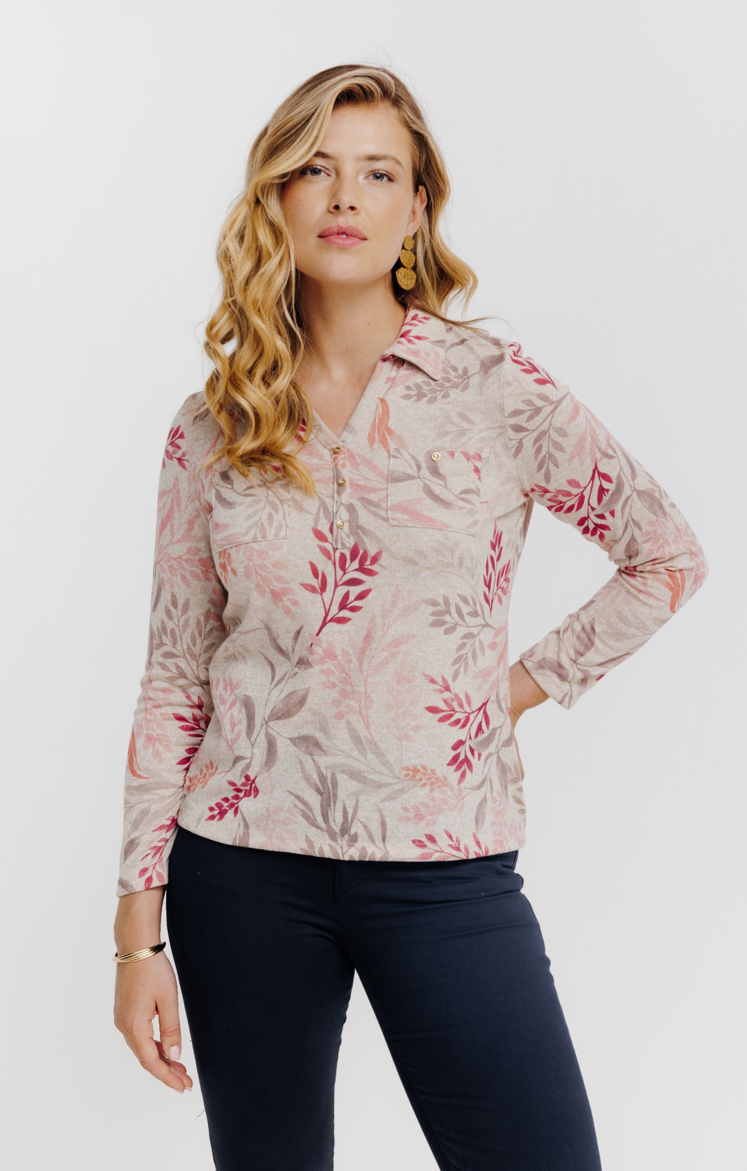 T-SHIRT MANCHES LONGUES COL POLO - BEIGE