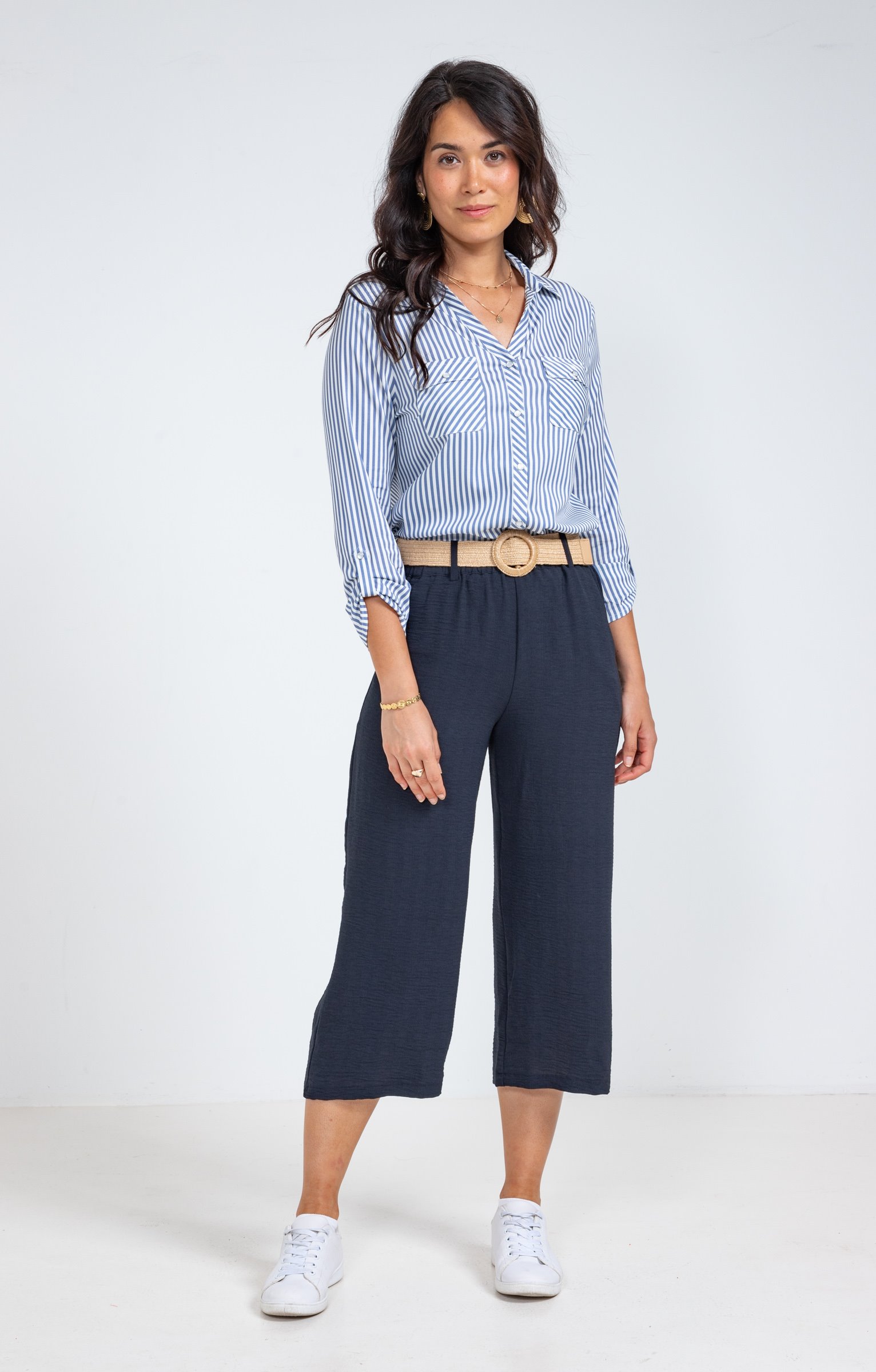 Pantalon large fluide ceinture rafia  - MARINE