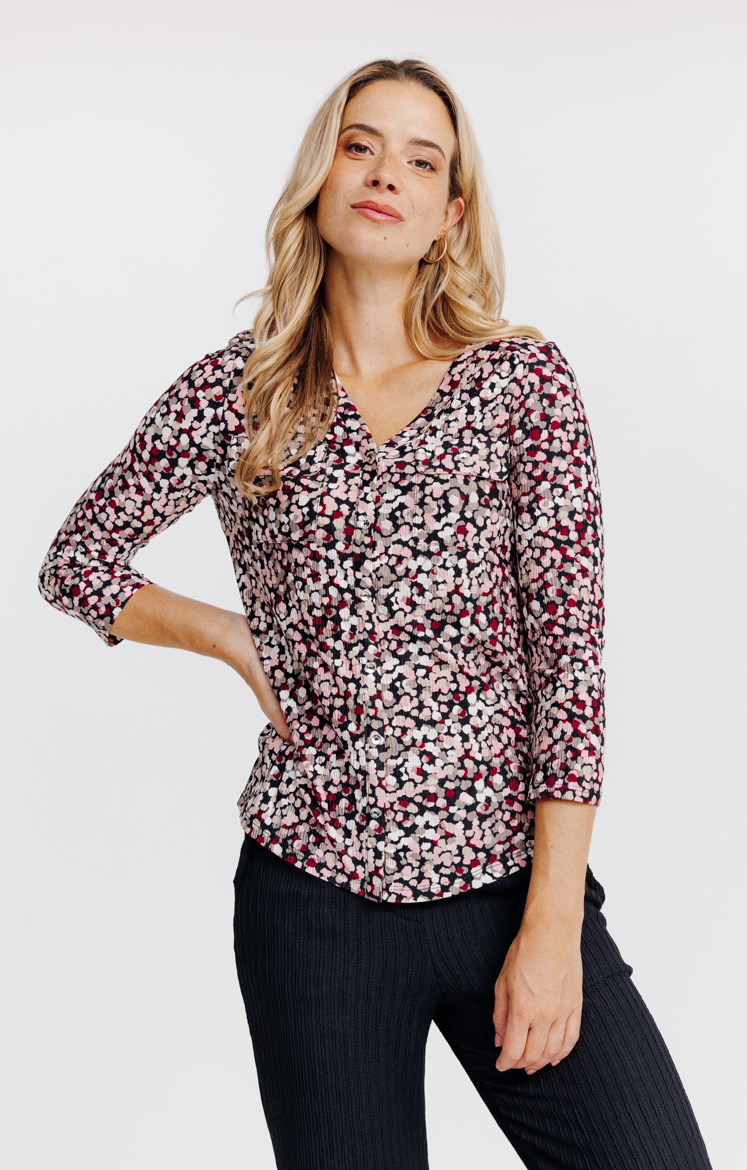 T-SHIRT MANCHES 3/4 COL V - NOIR