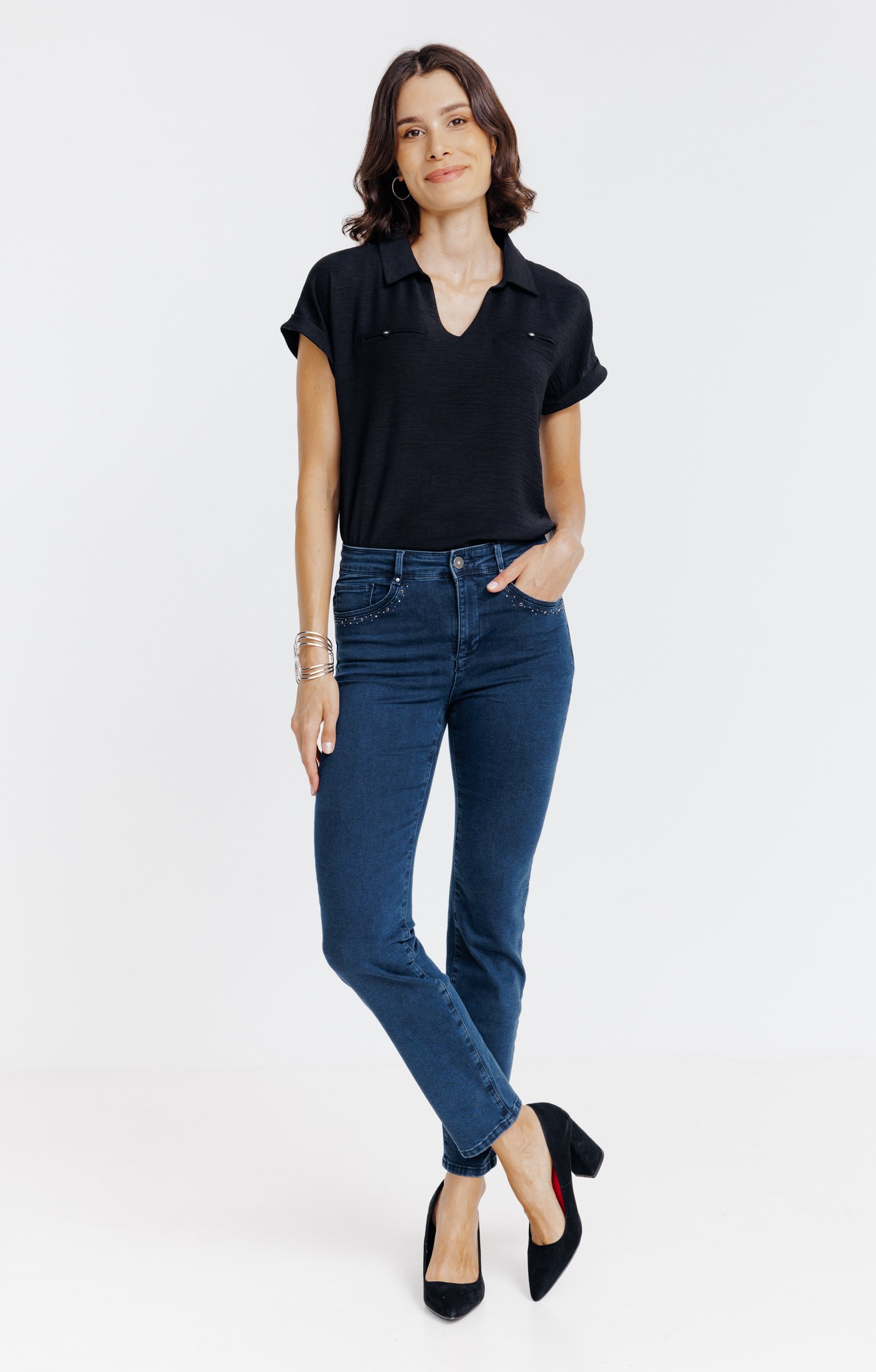 Pantalon 7/8 denim détail strass  - BLEU