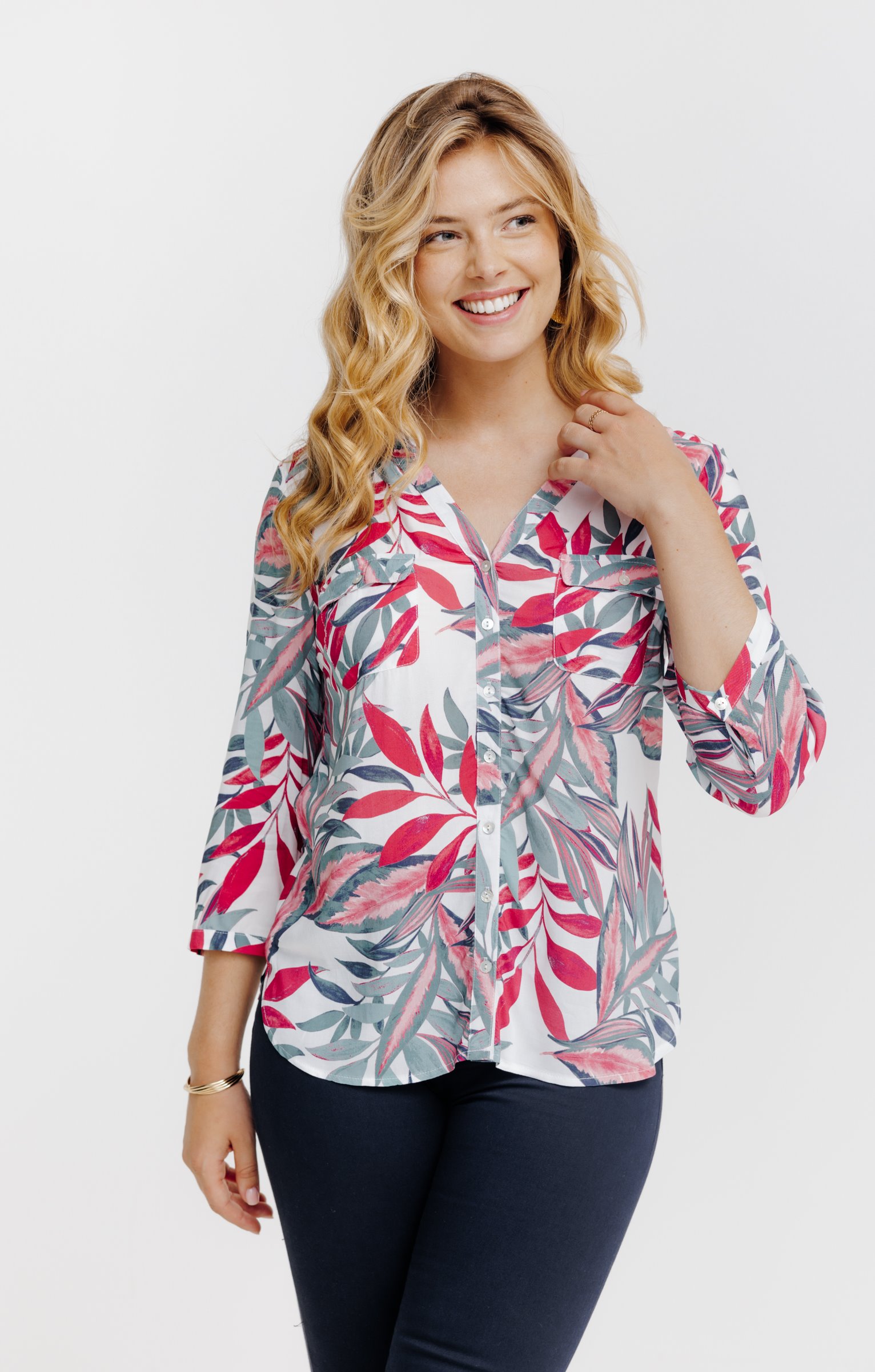 blouse imprimée feuillage  en viscose ec - ÉCRU