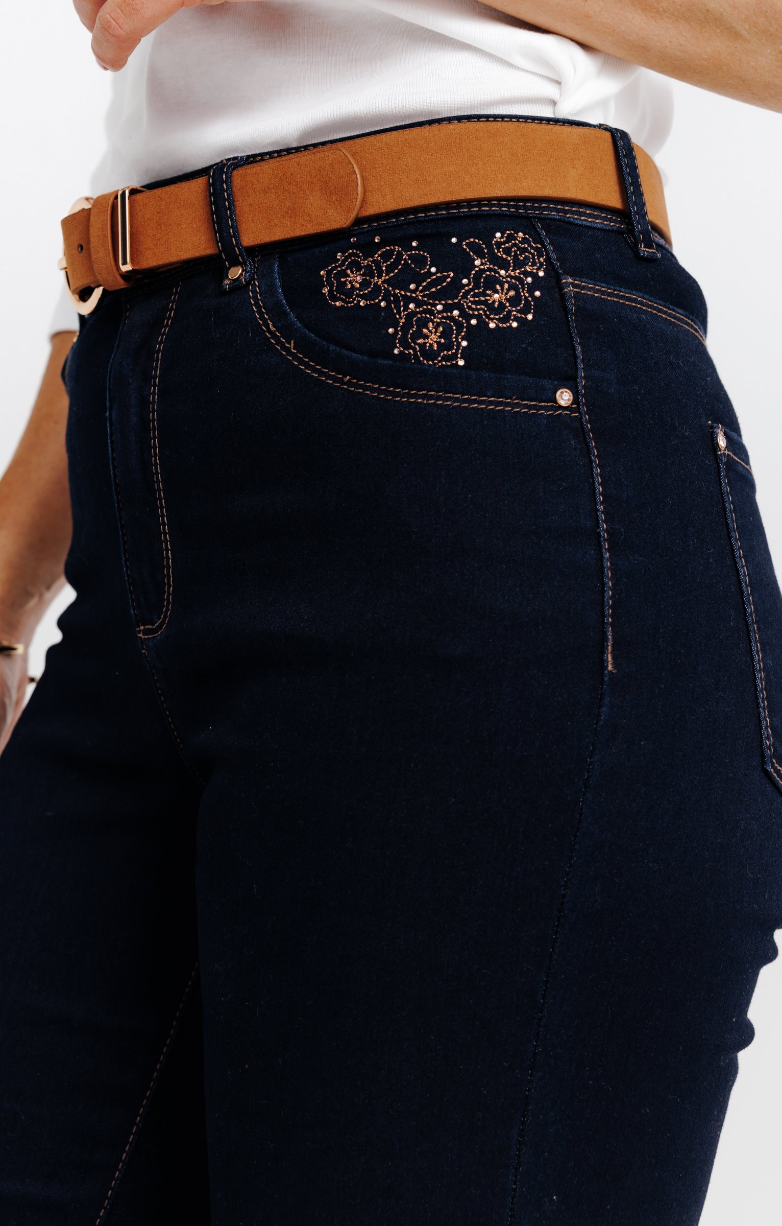Pantalon satin denim broderie fleur - BLEU