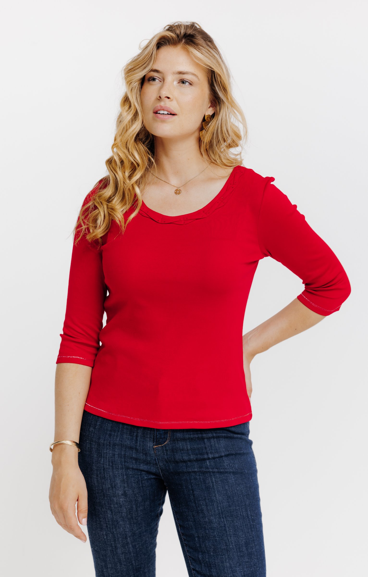Tee-shirt uni col rond - ROUGE
