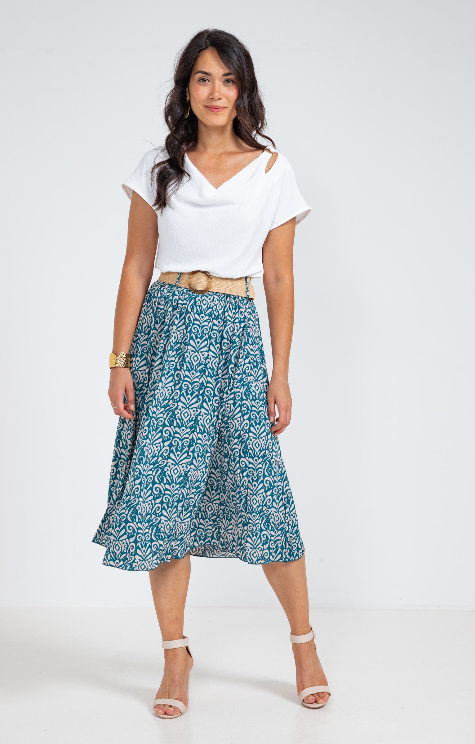 Jupe longue imprimée avec ceinture - VERT LAGON