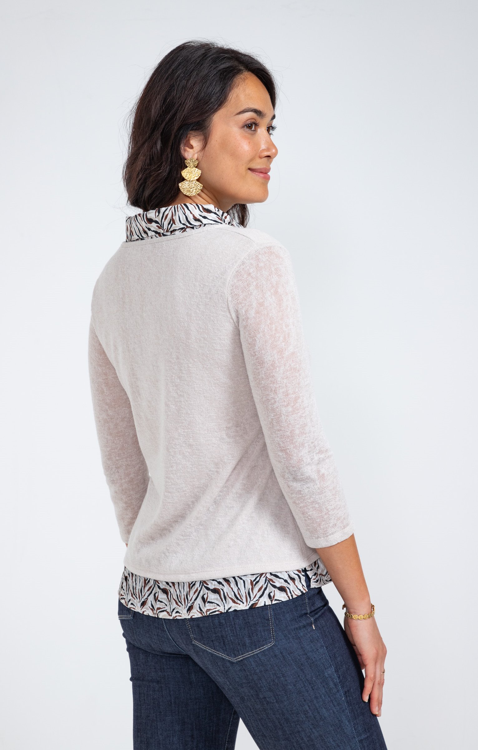 Tee-shirt 2-en-1 col chemise imprimée - BEIGE