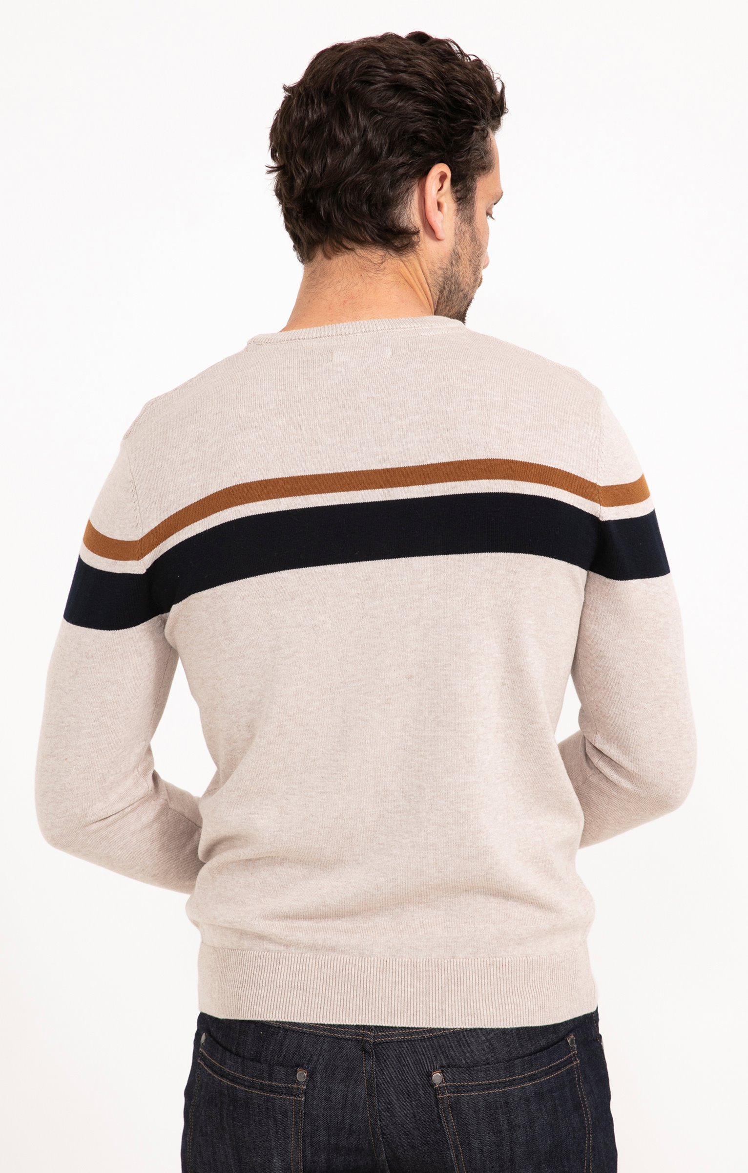 Pull col rond rayure placée - BEIGE