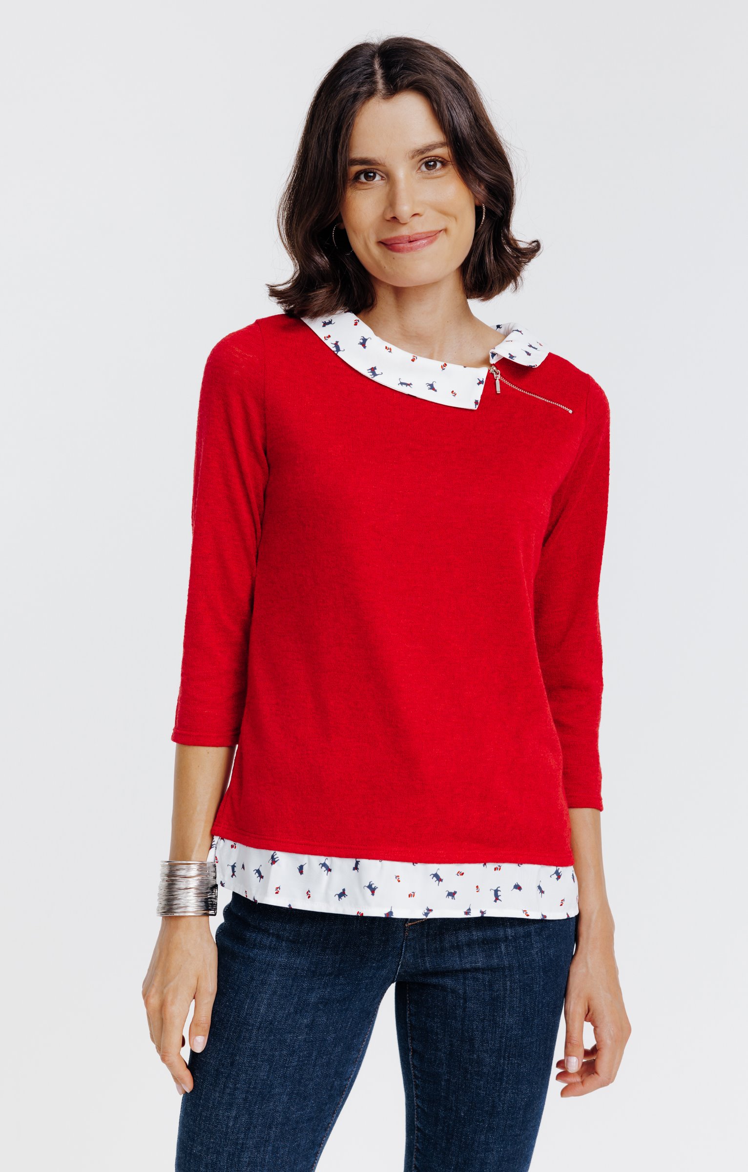 Tee-shirt 2-en-1 col chemise - ROUGE