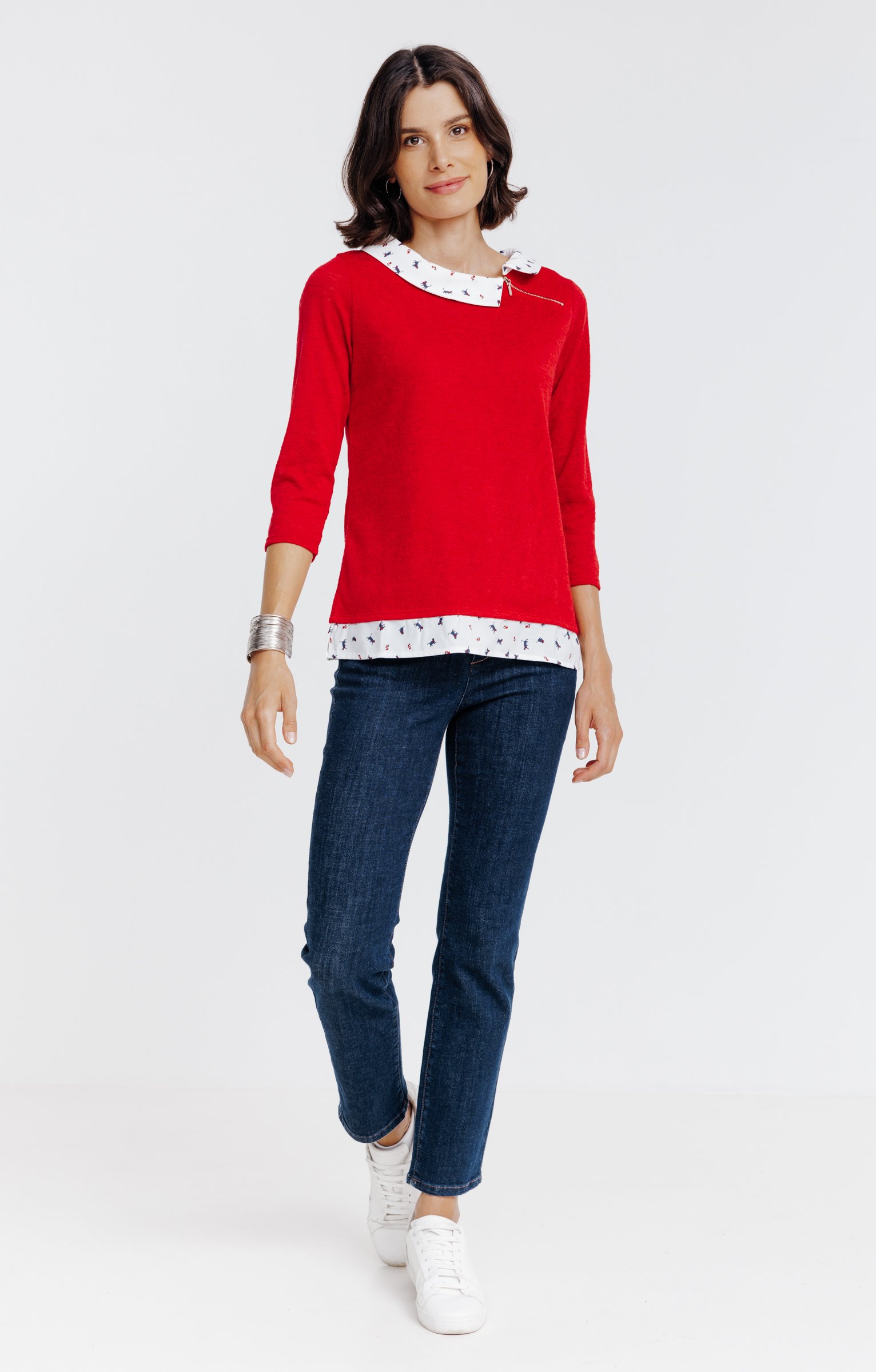 Tee-shirt 2-en-1 col chemise - ROUGE