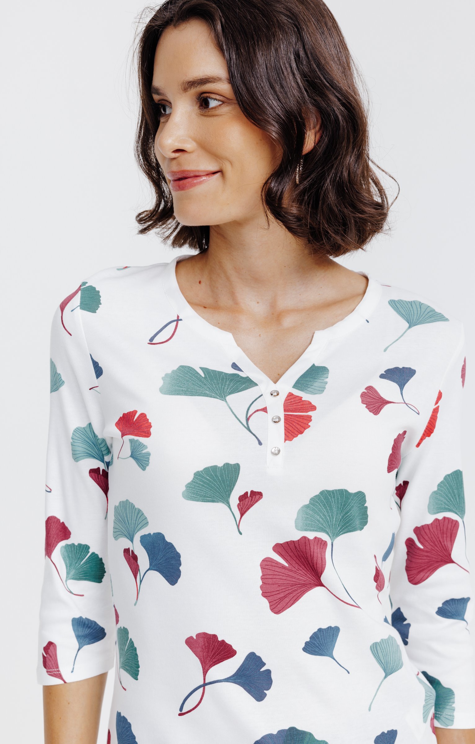 Tee-shirt imprimé floral col rond patte - ÉCRU