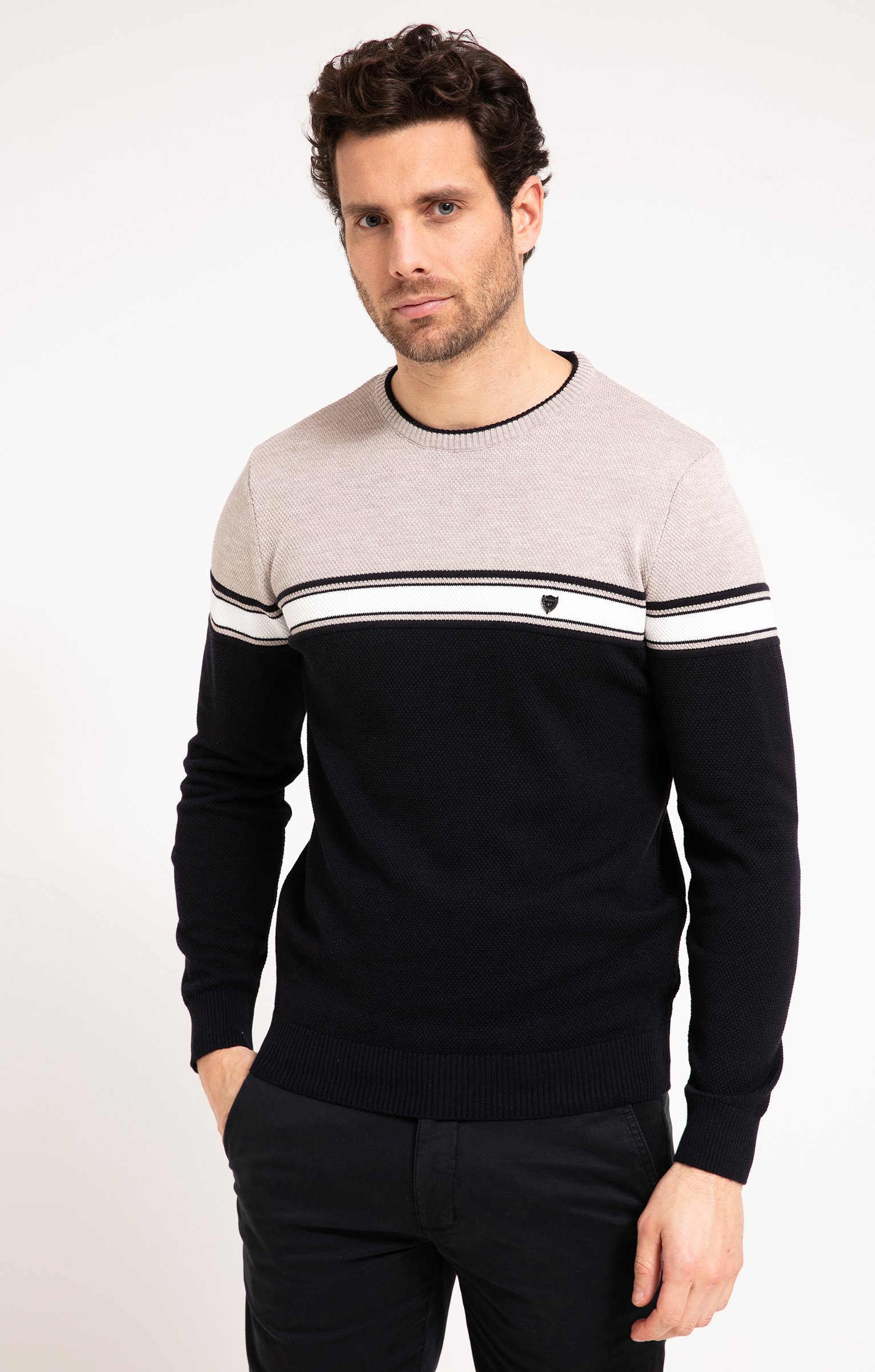 Pull col rond rayure placée - BEIGE