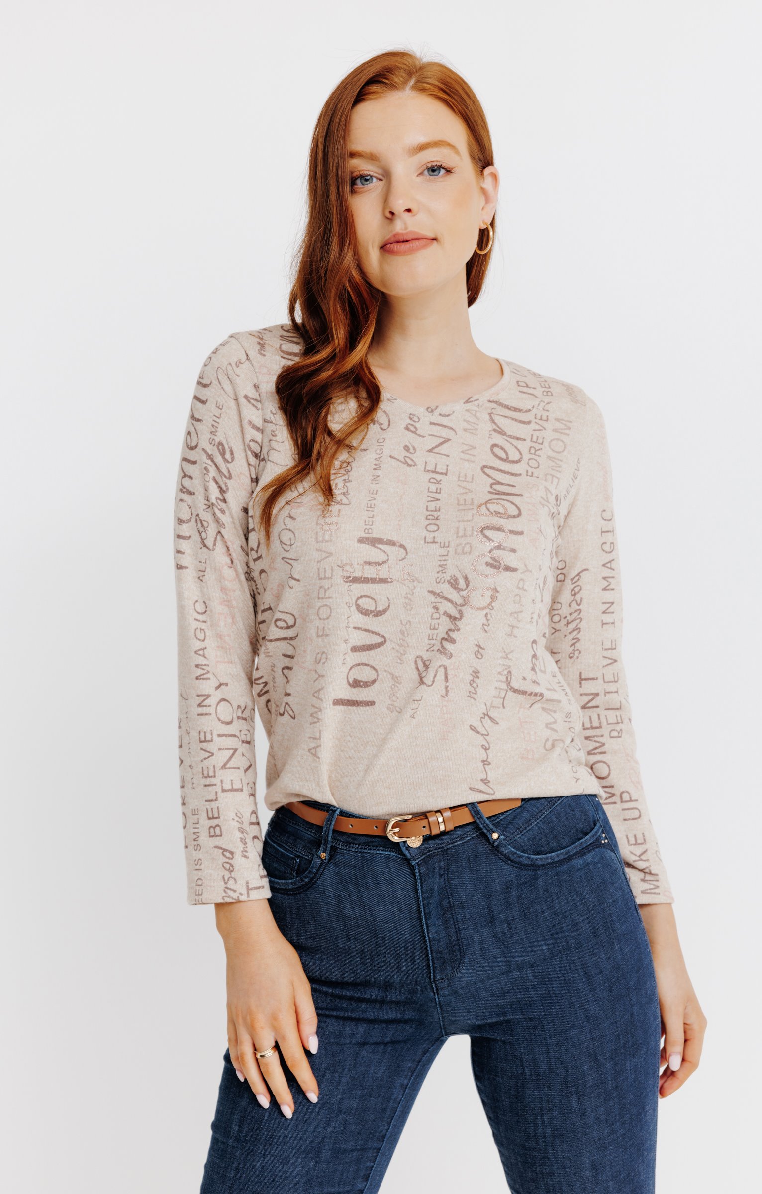 T-SHIRT MANCHES LONGUES COL V - BEIGE