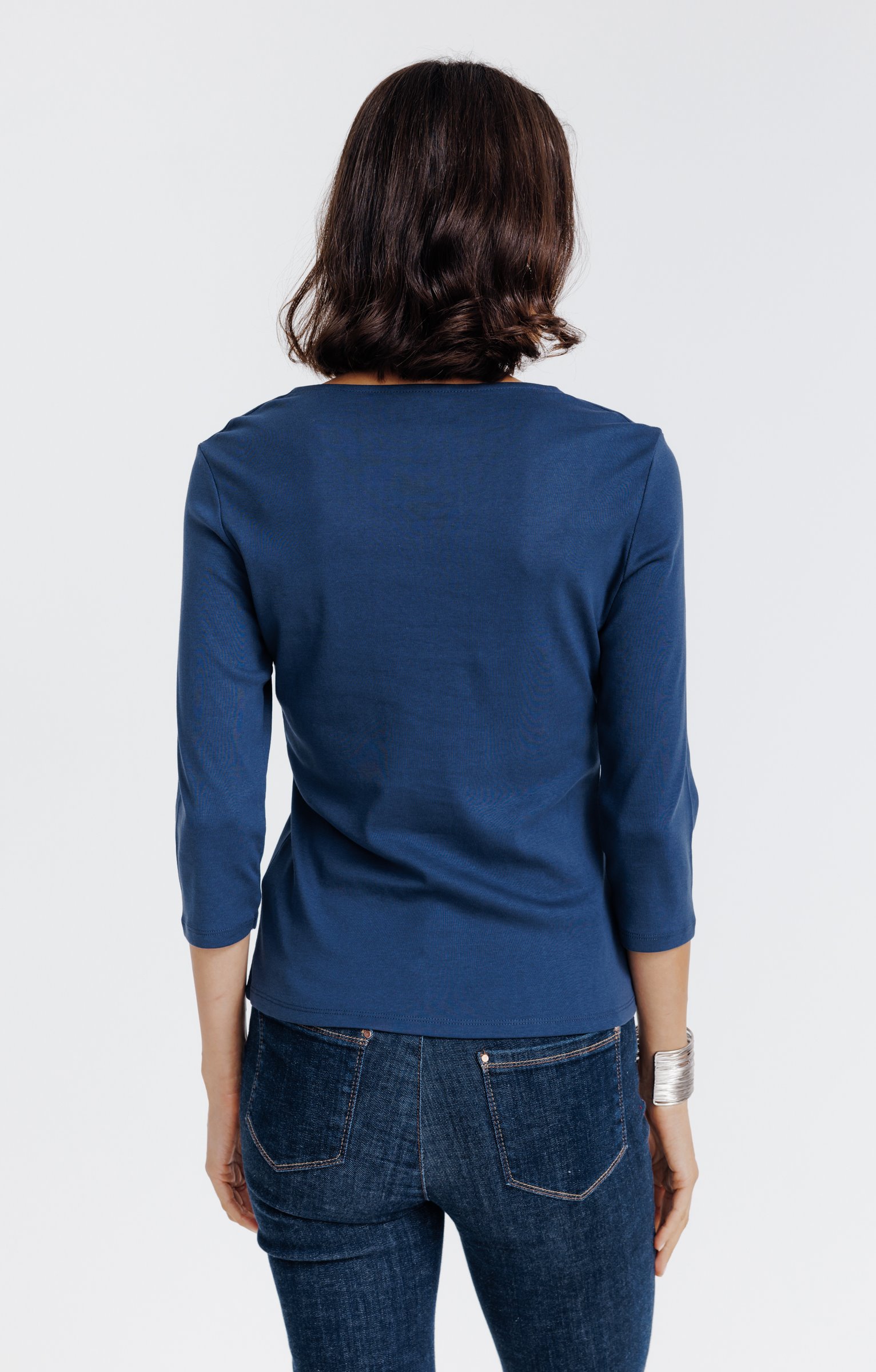 Tee-shirt uni col V festons - BLEU